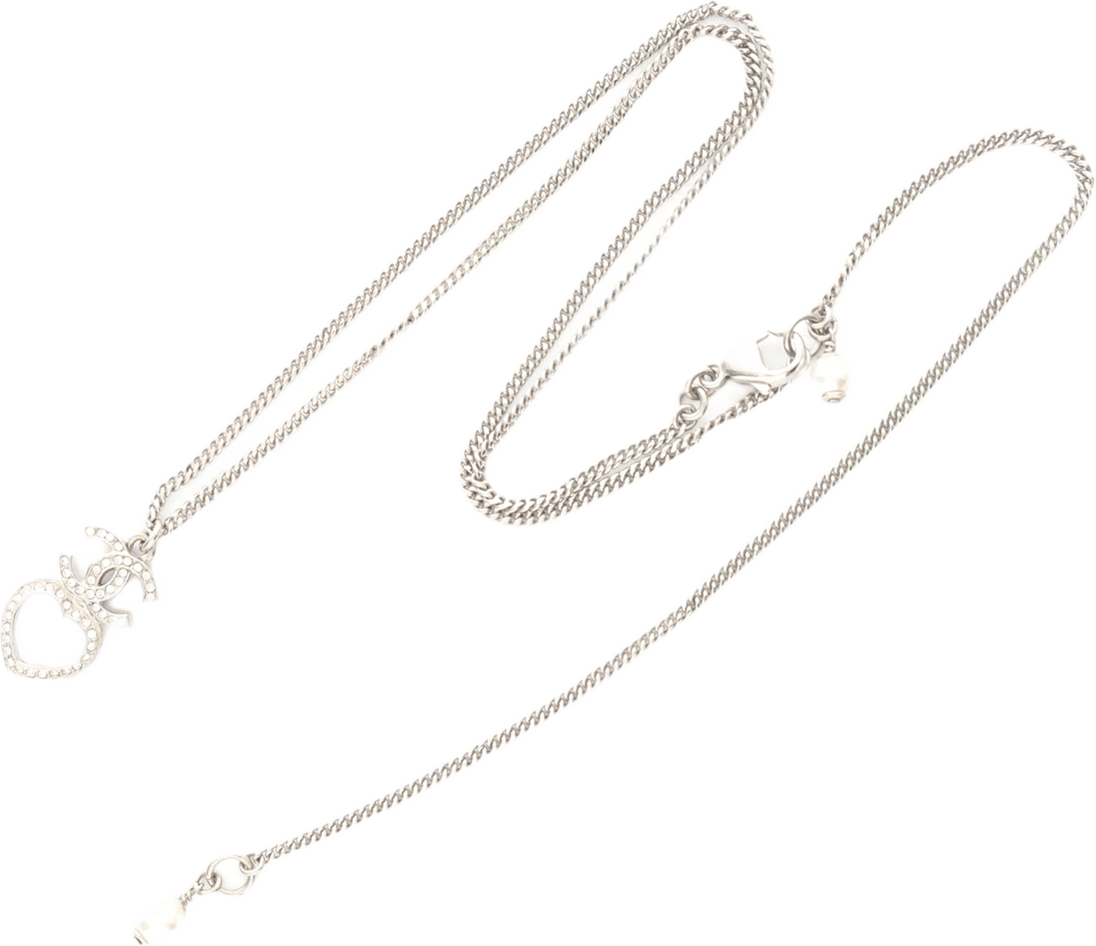 Chanel Stainless Steel Rhinestone Cc Heart Pendant Necklace, från Luxclusif, i färgen silver. Klicka för att öppna bilden i stort format