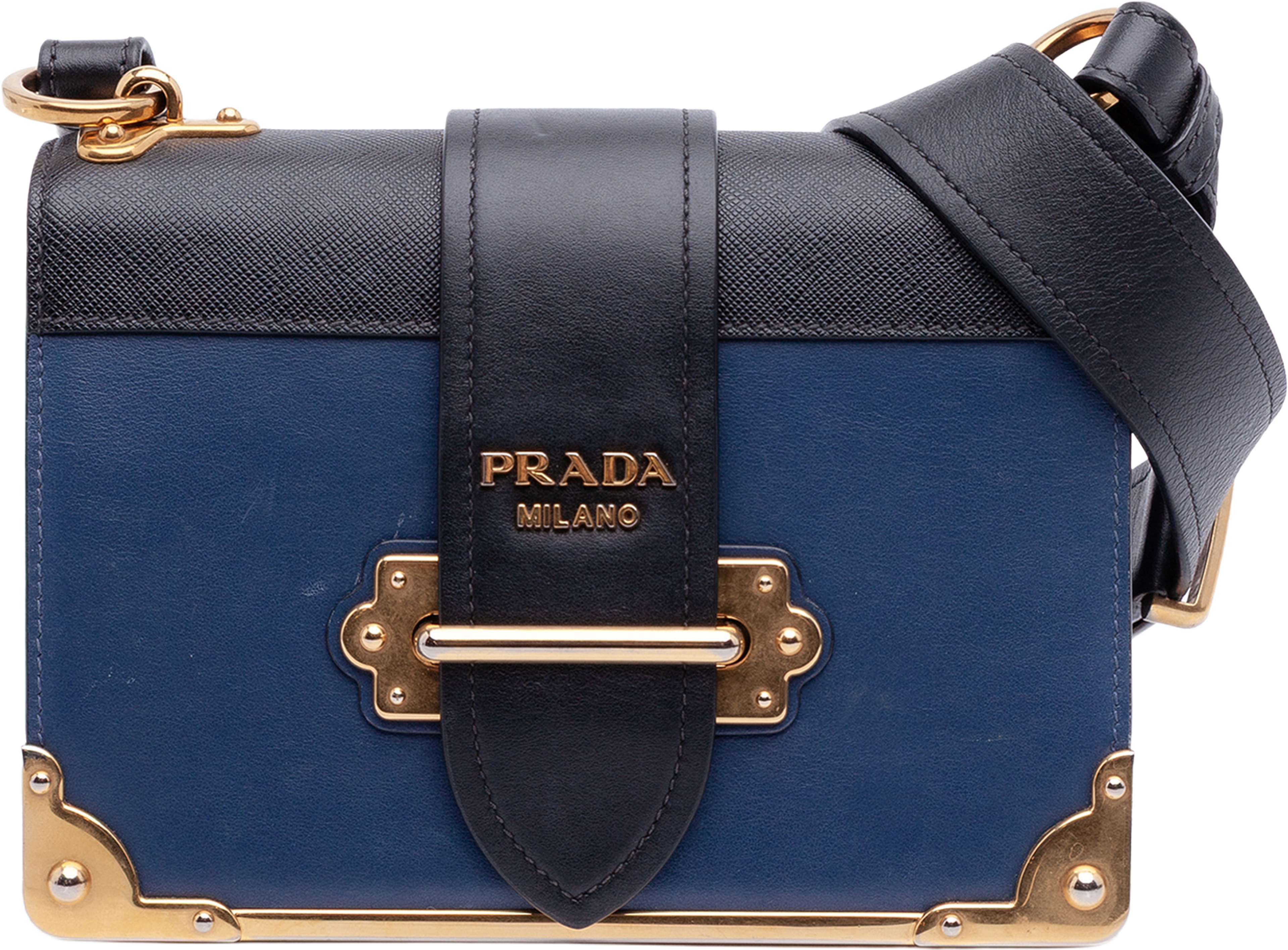 Prada Saffiano Trimmed City Calf Cahier Crossbody, från Luxclusif, i färgen blue. Klicka för att öppna bilden i stort format