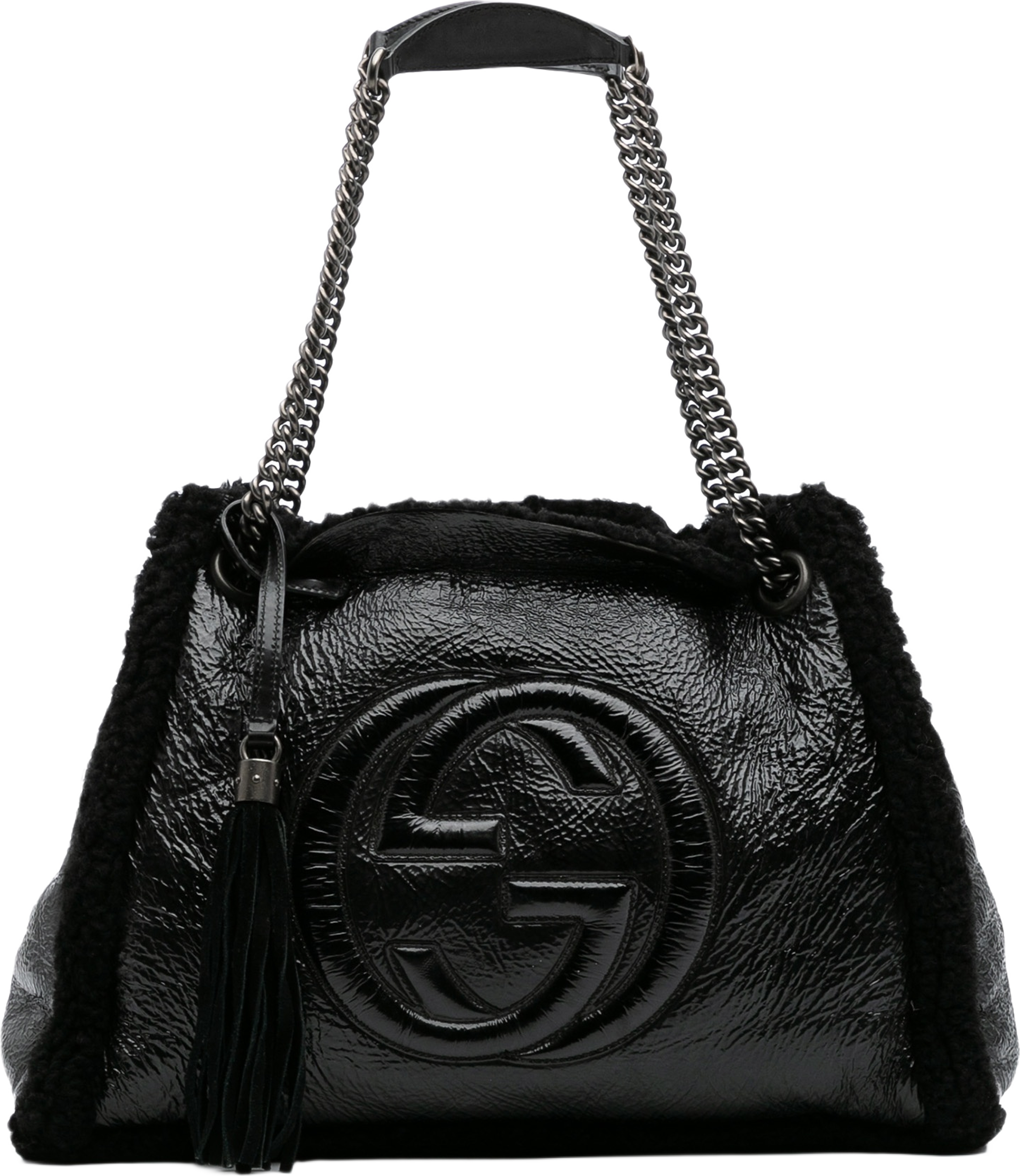 Gucci Medium Patent Shearling Soho Chain Tote, från Luxclusif, i färgen black.