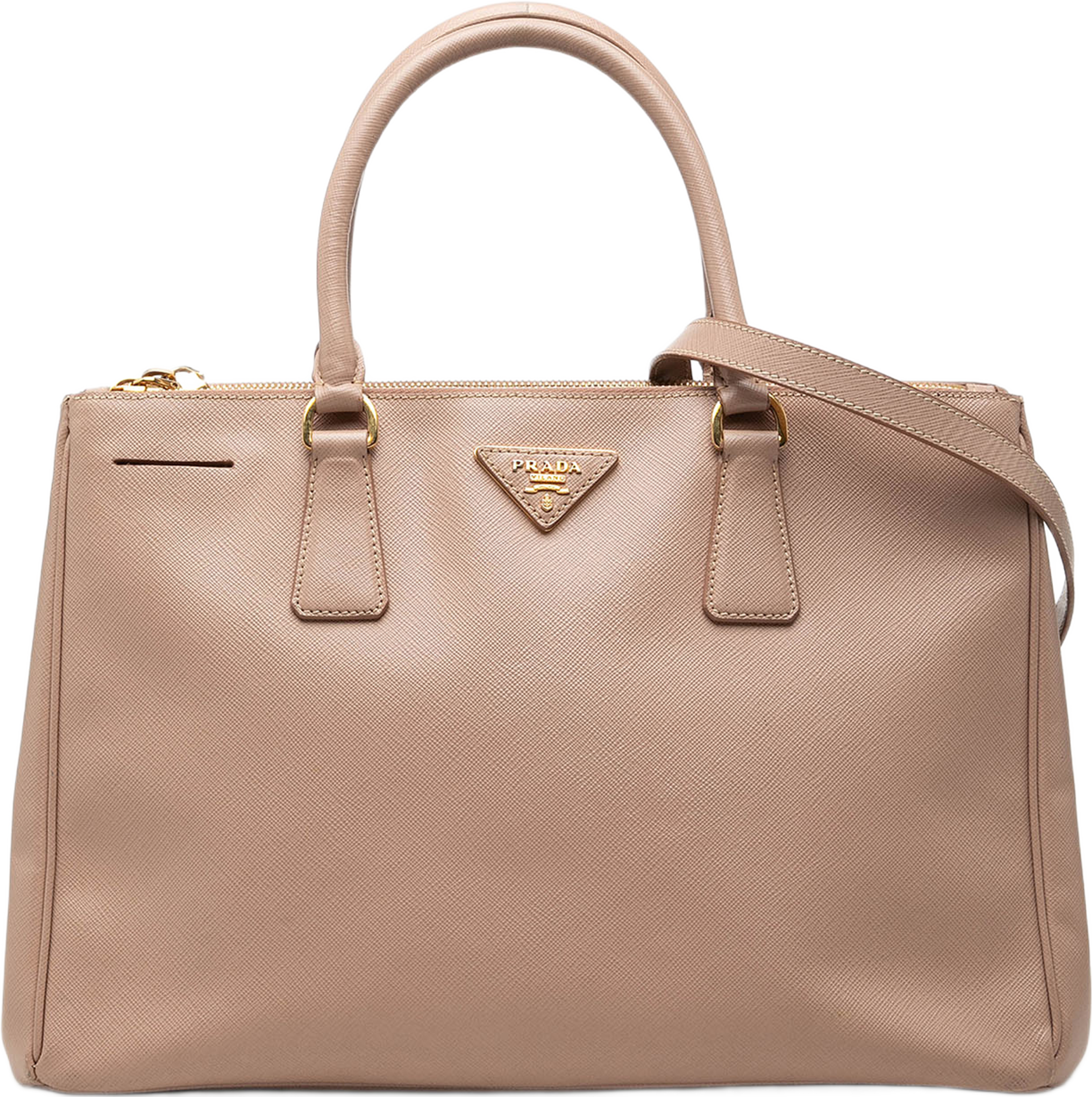 Prada Medium Saffiano Lux Galleria Double Zip Satchel, från Luxclusif, i färgen beige. Klicka för att öppna bilden i stort format