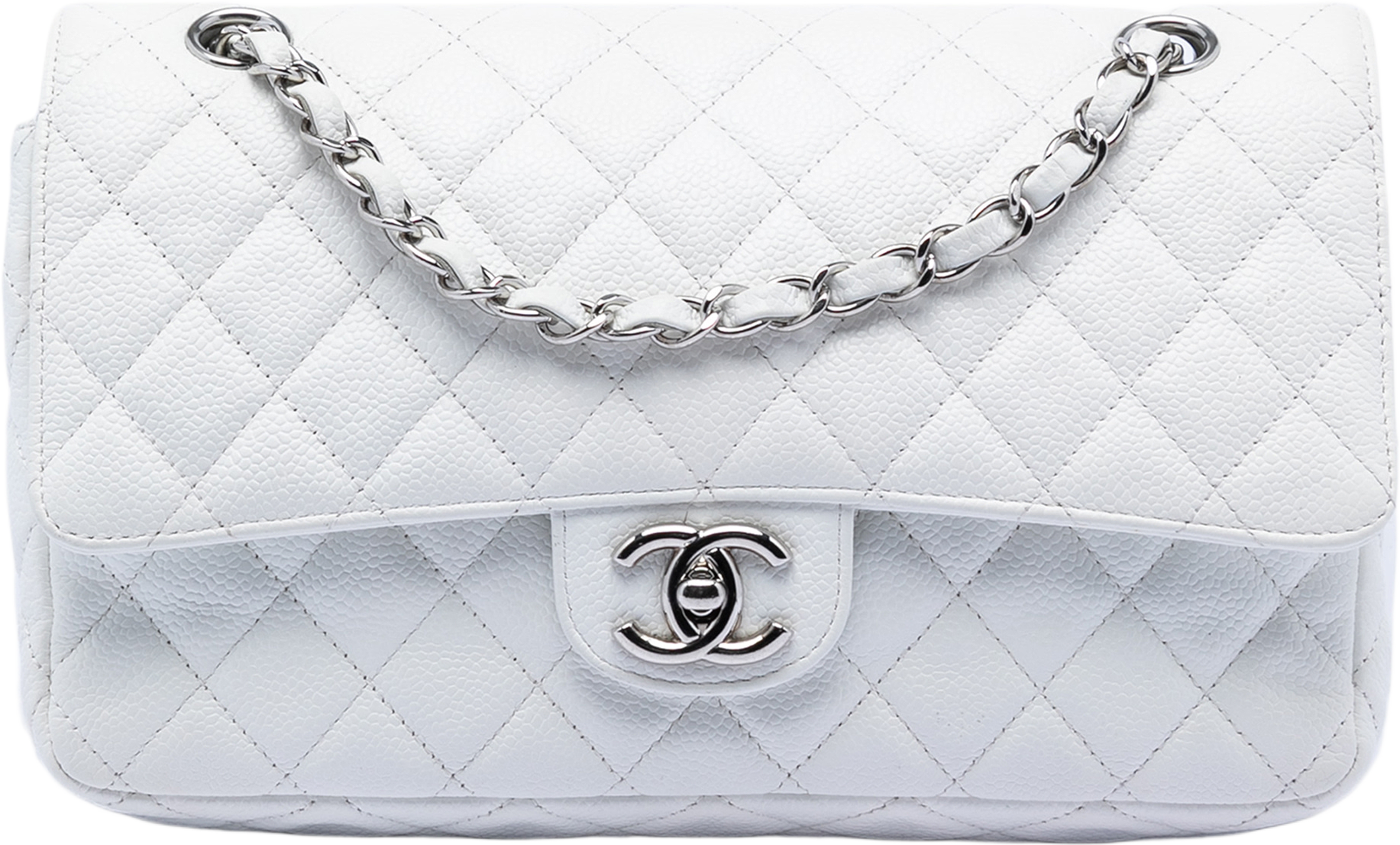 Chanel Medium Classic Caviar Double Flap, från Luxclusif, i färgen white. Klicka för att öppna bilden i stort format