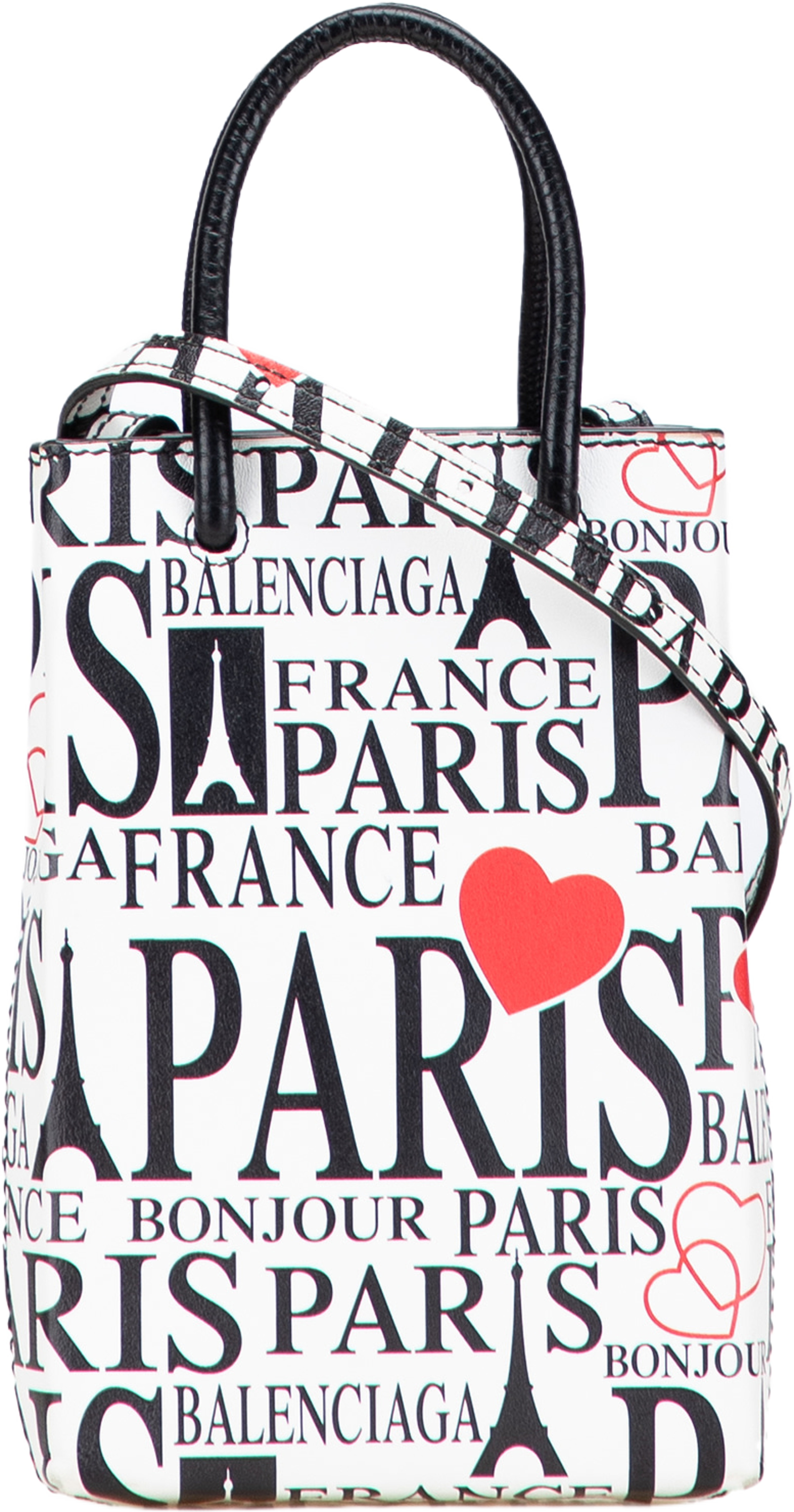 Balenciaga Mini Calfskin Bonjour Paris Shopping Phone Holder, från Luxclusif, i färgen white. Klicka för att öppna bilden i stort format