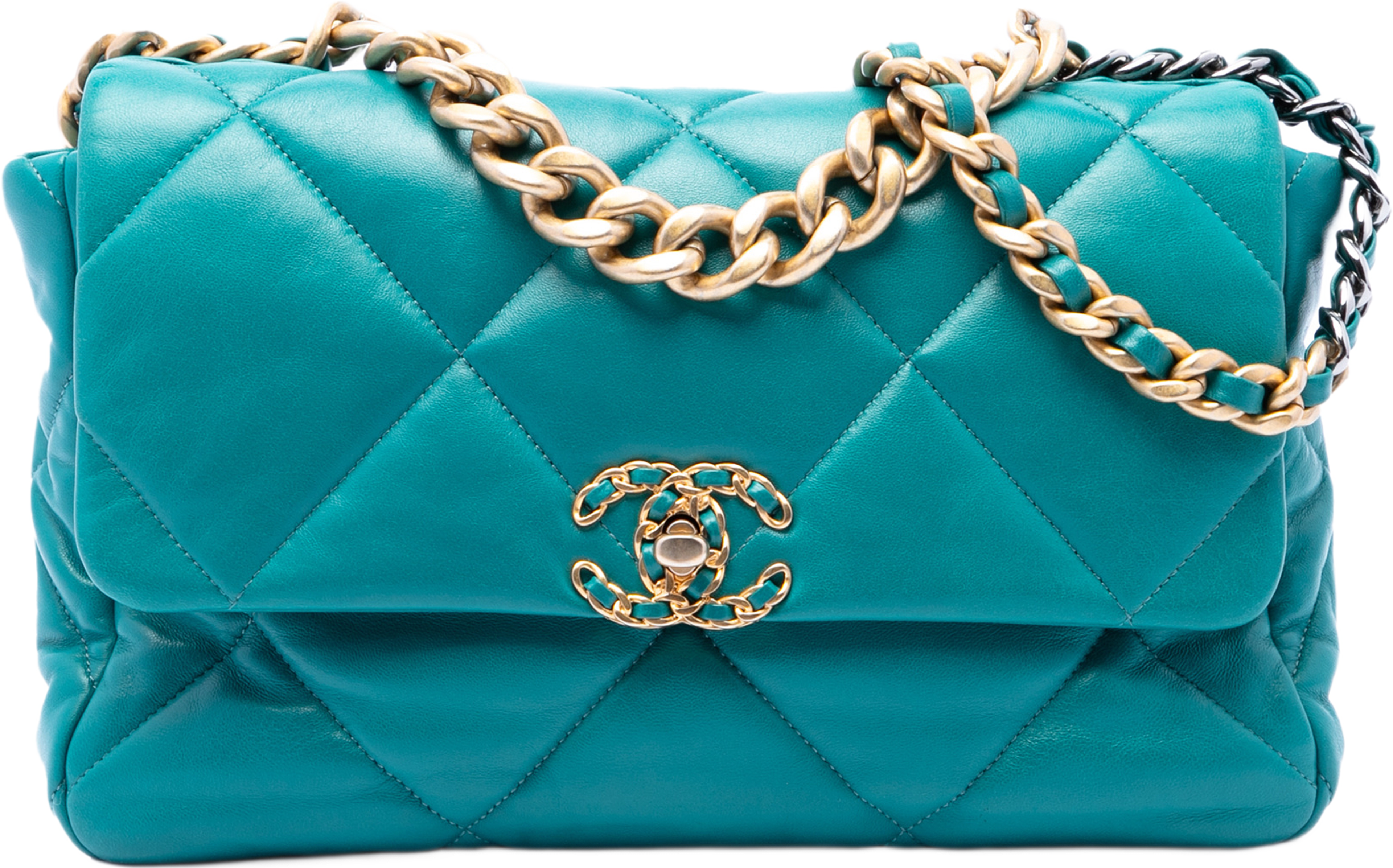 Chanel Large Lambskin 19 Flap, från Luxclusif, i färgen blå. Klicka för att öppna bilden i stort format