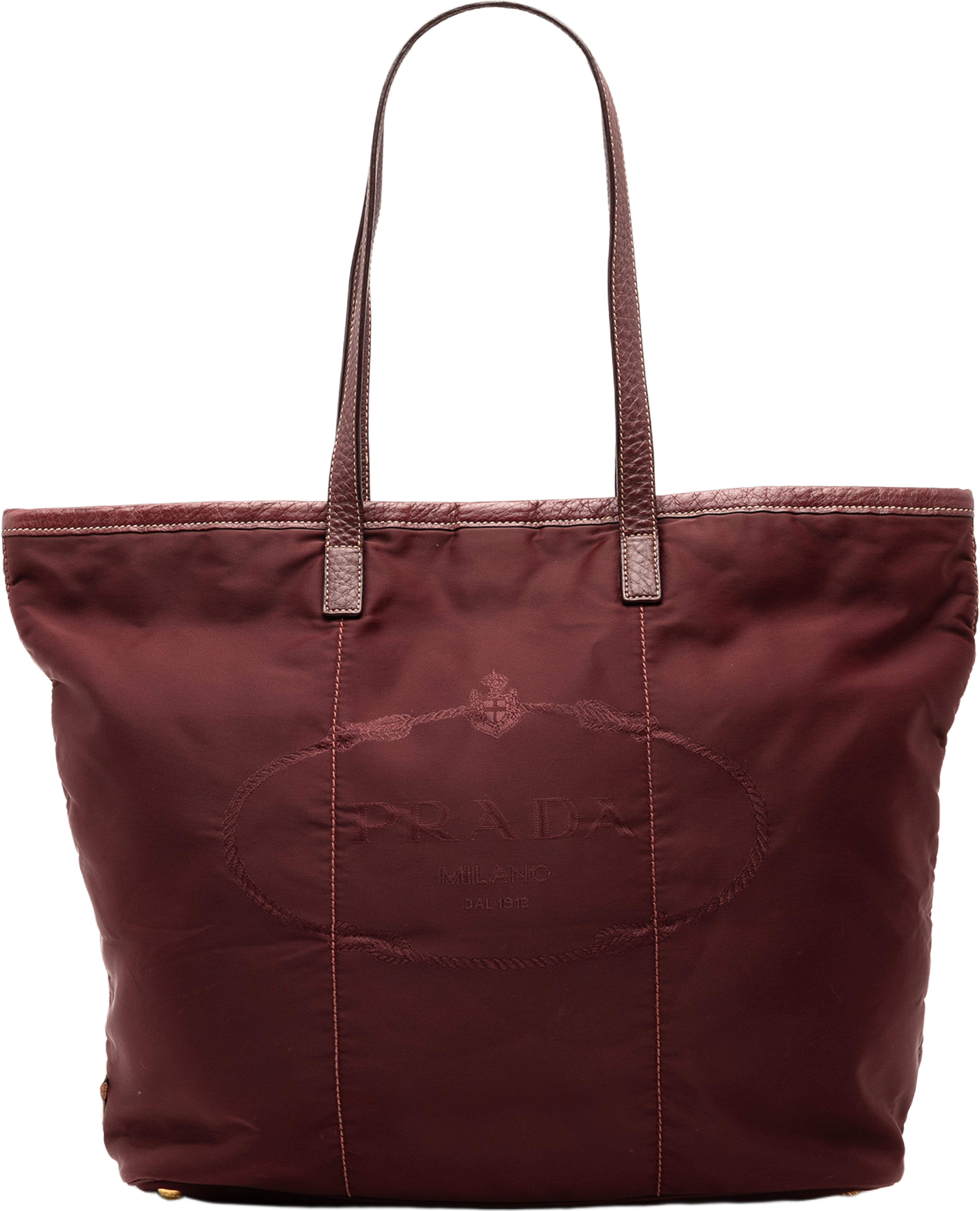 Prada Tessuto Canapa Logo Tote, från Luxclusif, i färgen burgundy. Klicka för att öppna bilden i stort format