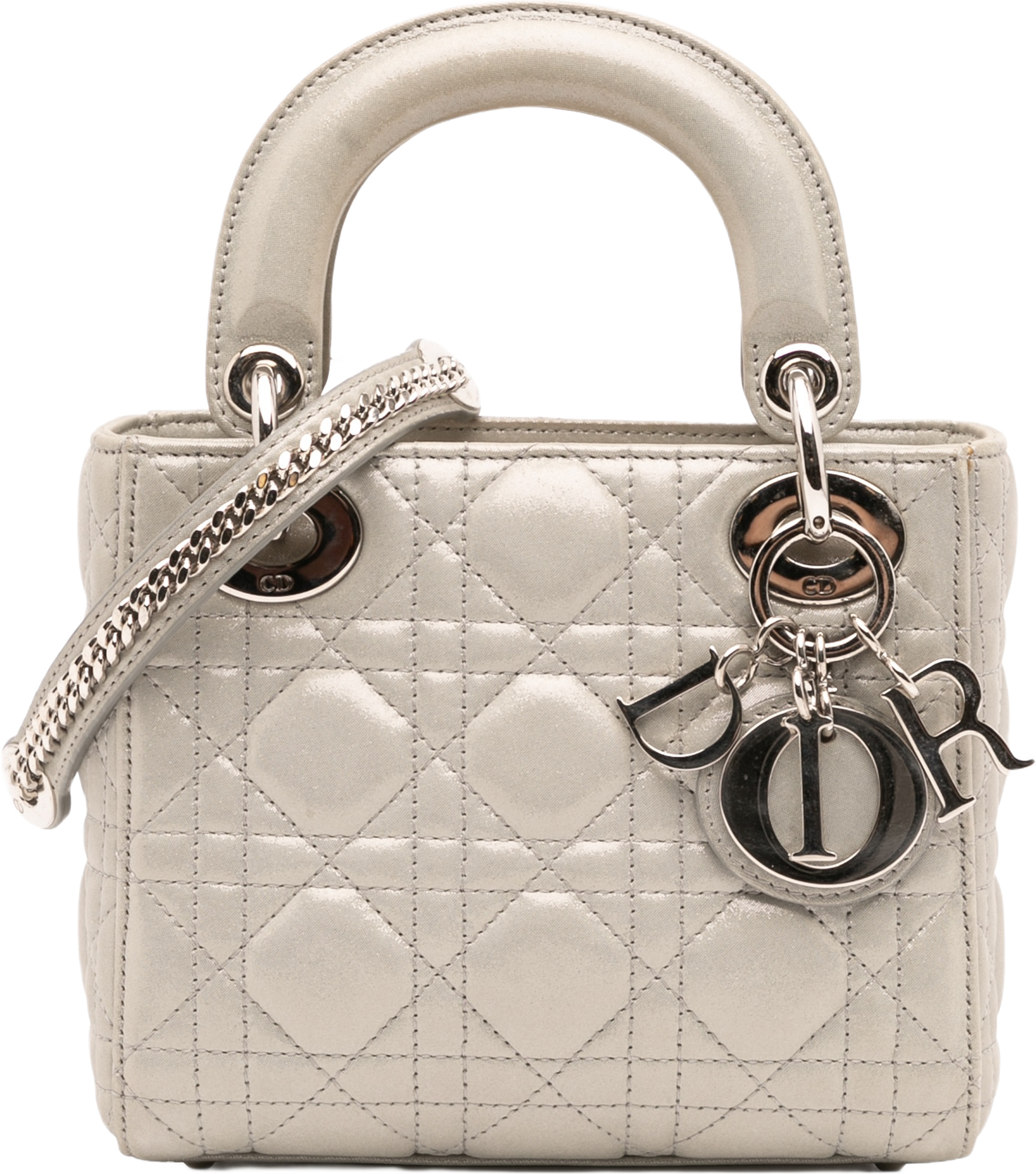 Dior Mini Iridescent Lambskin Cannage Lady Dior, från Luxclusif, i färgen silver. Klicka för att öppna bilden i stort format