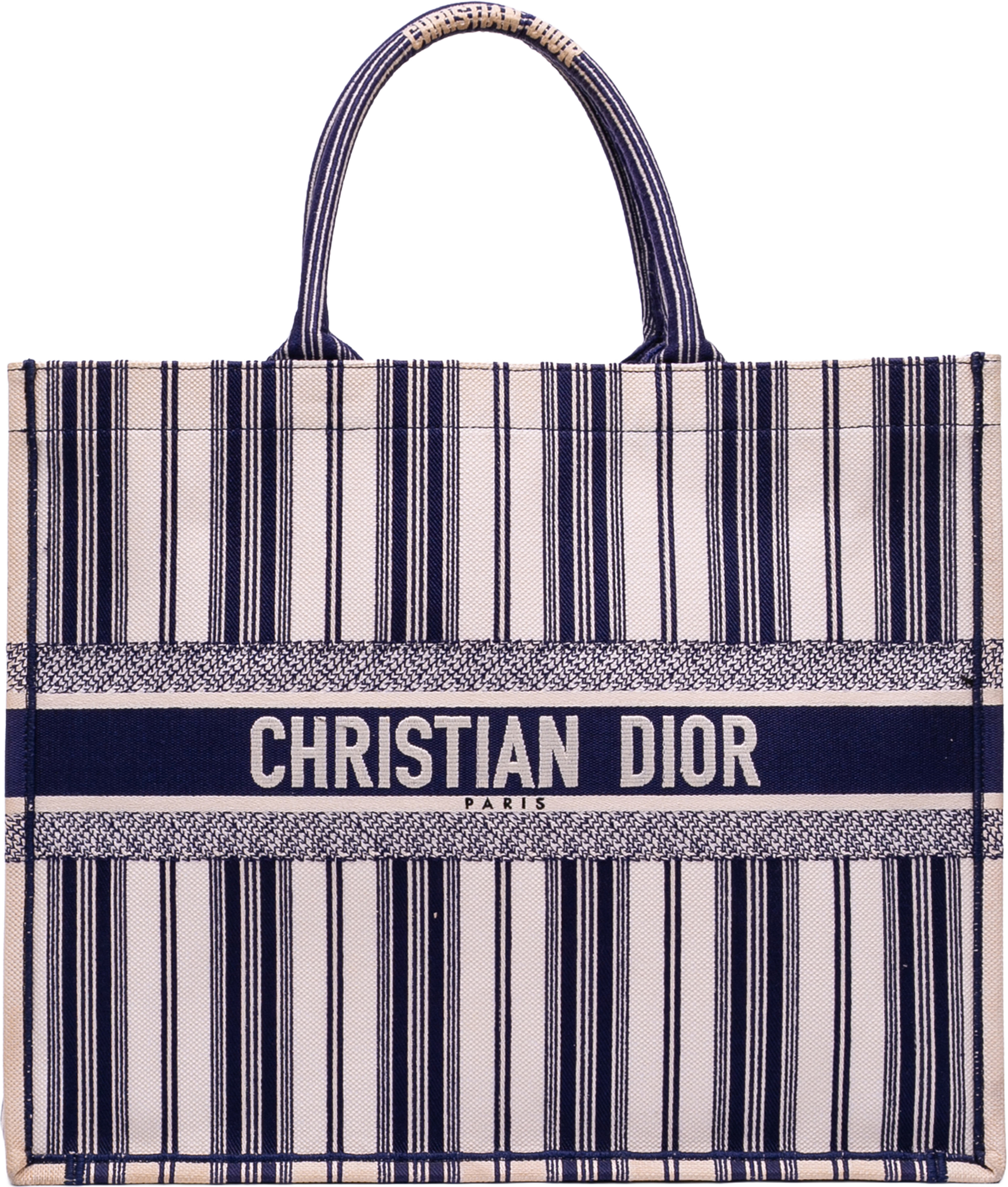 Dior Large Canvas Striped Book Tote, från Luxclusif, i färgen navy. Klicka för att öppna bilden i stort format