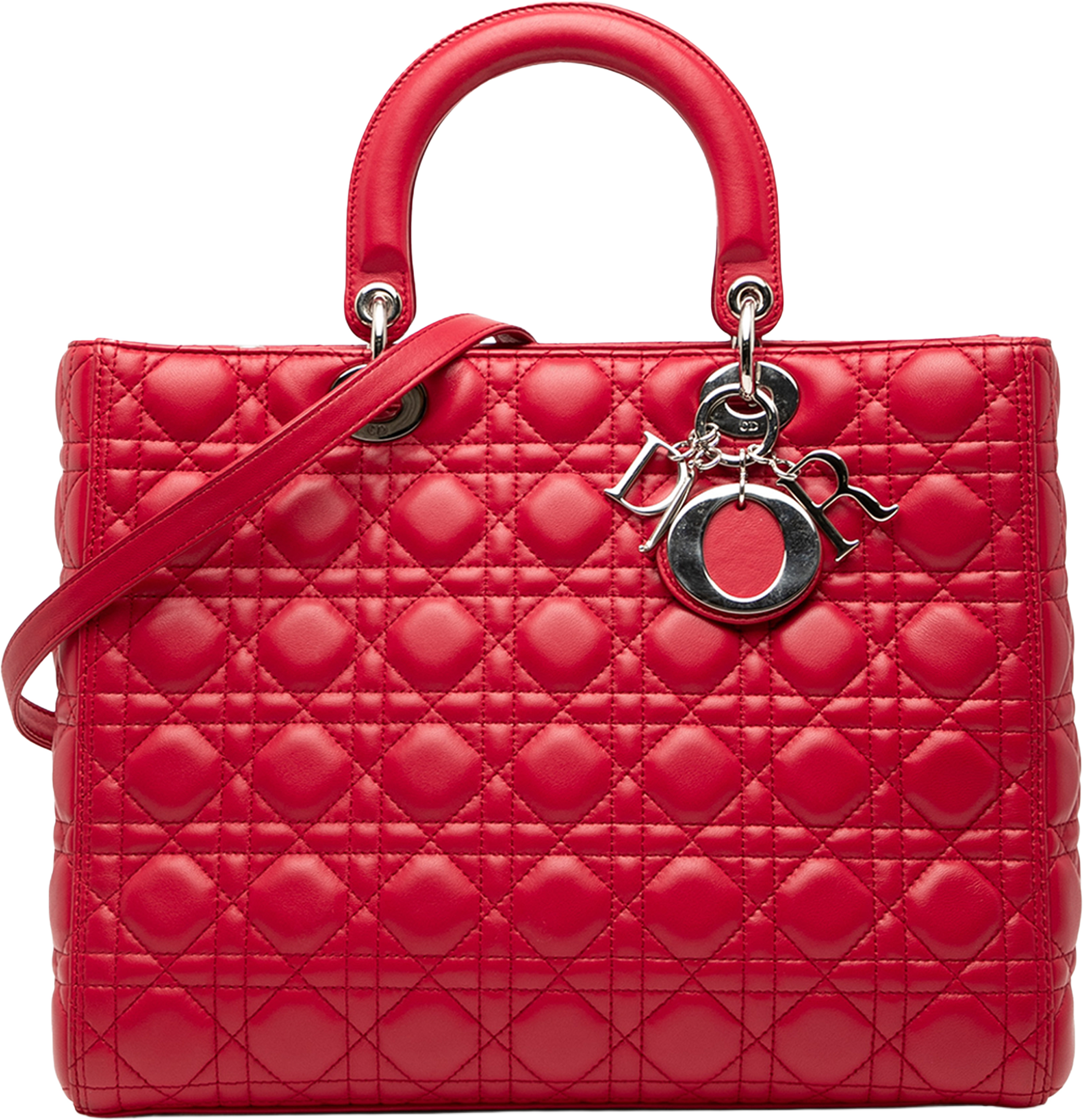 Dior Large Lambskin Cannage Lady Dior, från Luxclusif, i färgen red. Klicka för att öppna bilden i stort format