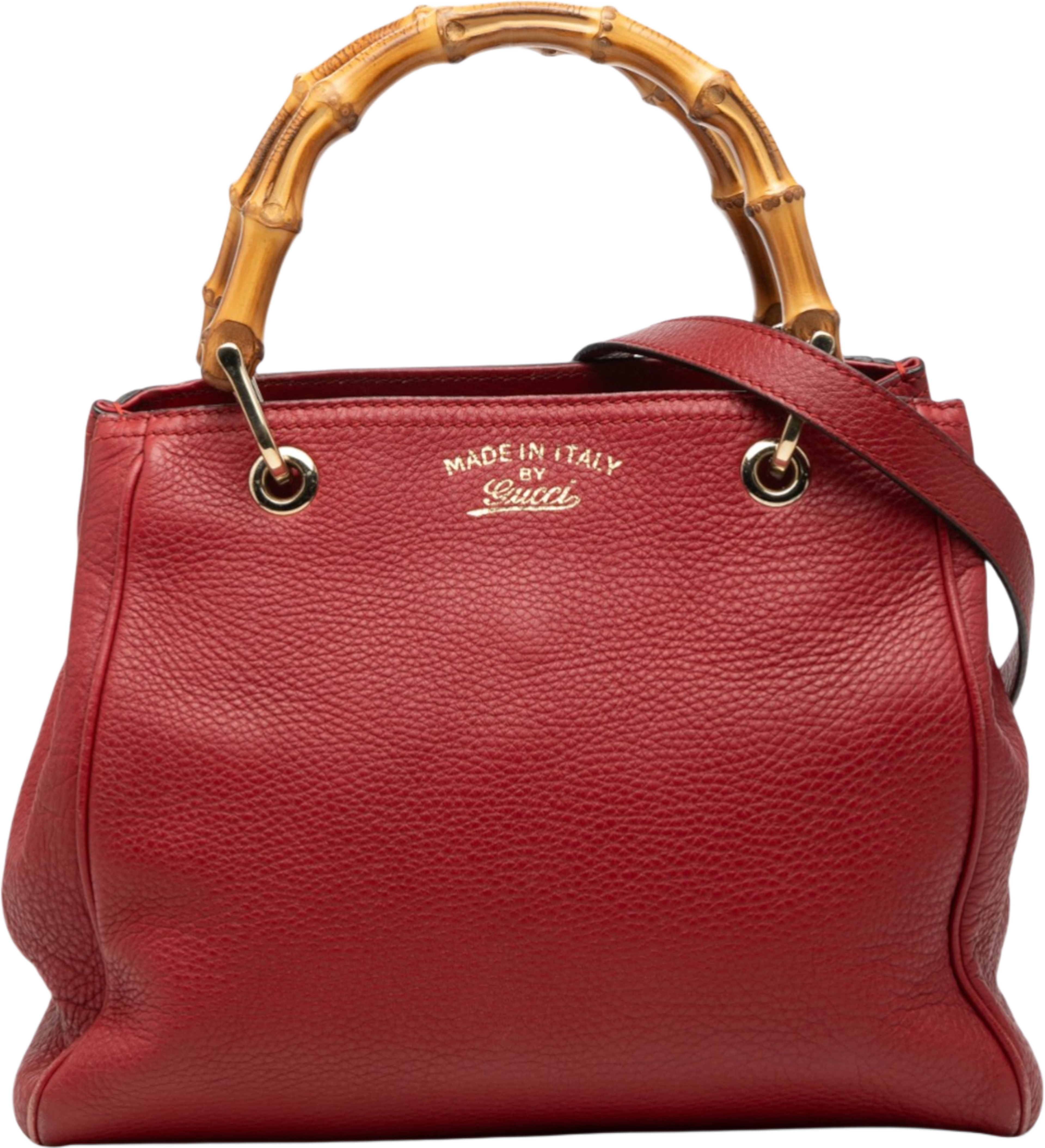 Gucci Small Calfskin Bamboo Shopper Satchel, från Luxclusif, i färgen red. Klicka för att öppna bilden i stort format