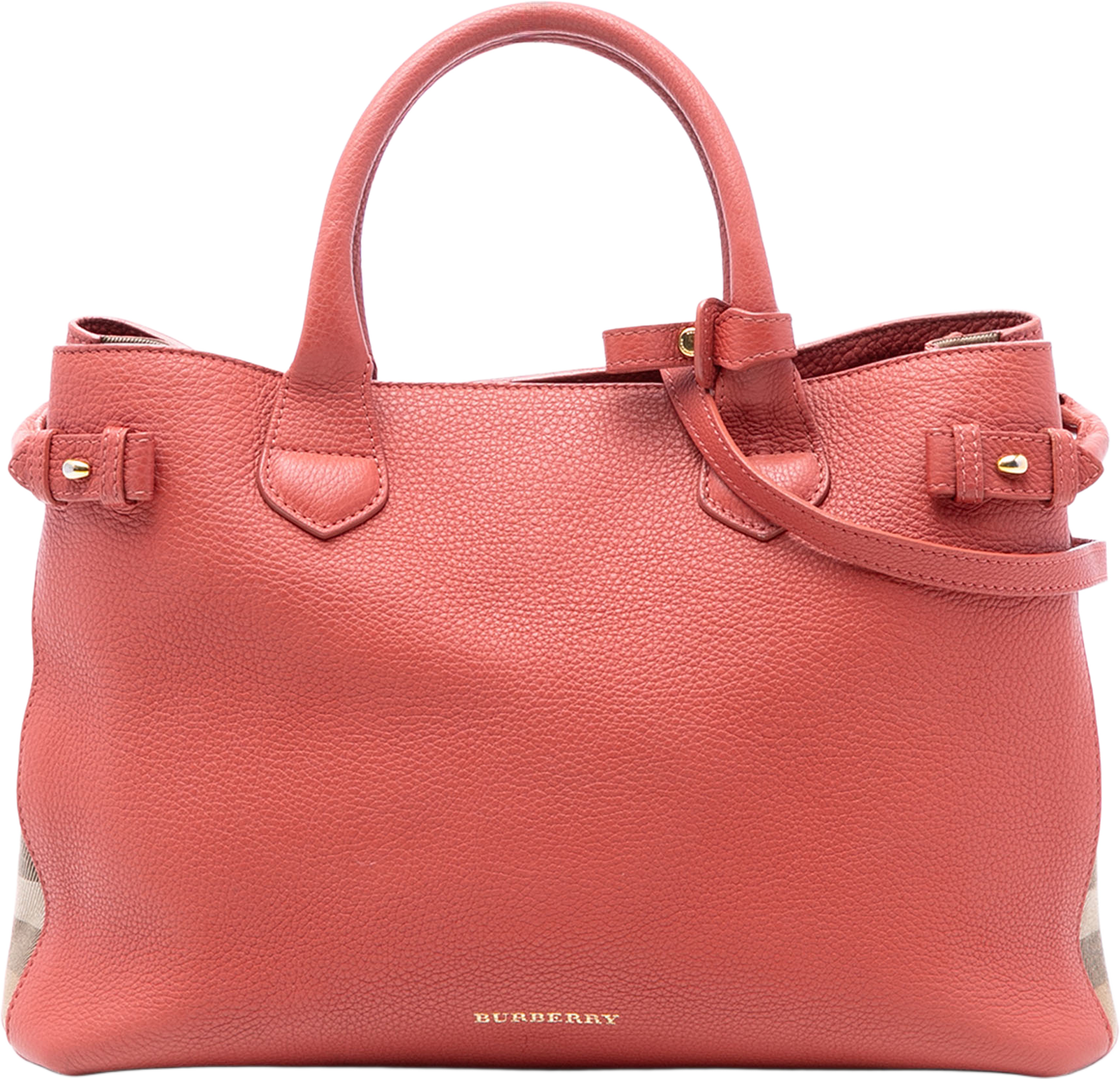 Burberry Medium Leather And House Check Canvas Banner Satchel, från Luxclusif, i färgen blush. Klicka för att öppna bilden i stort format