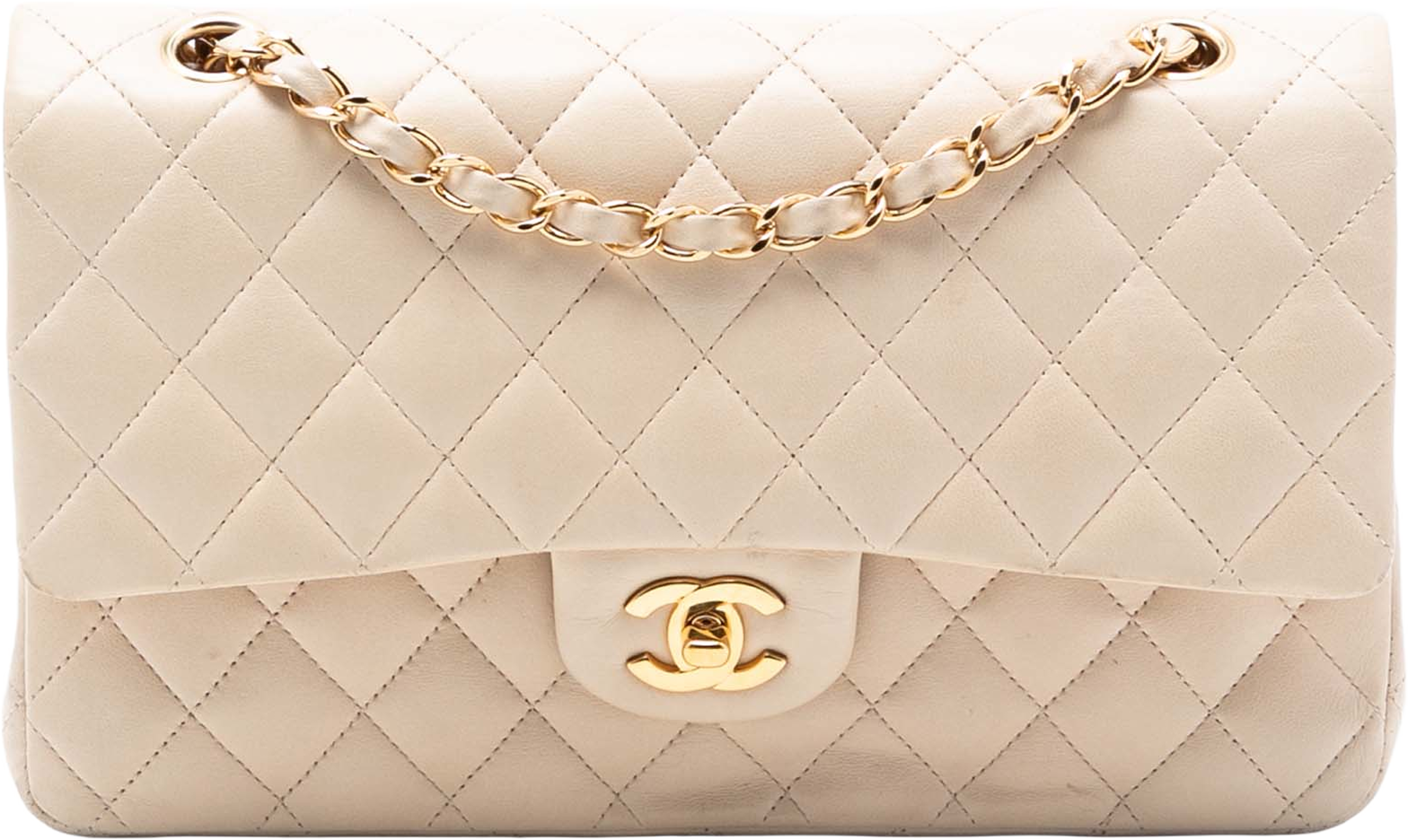 Chanel Medium Classic Lambskin Double Flap, från Luxclusif, i färgen beige. Klicka för att öppna bilden i stort format