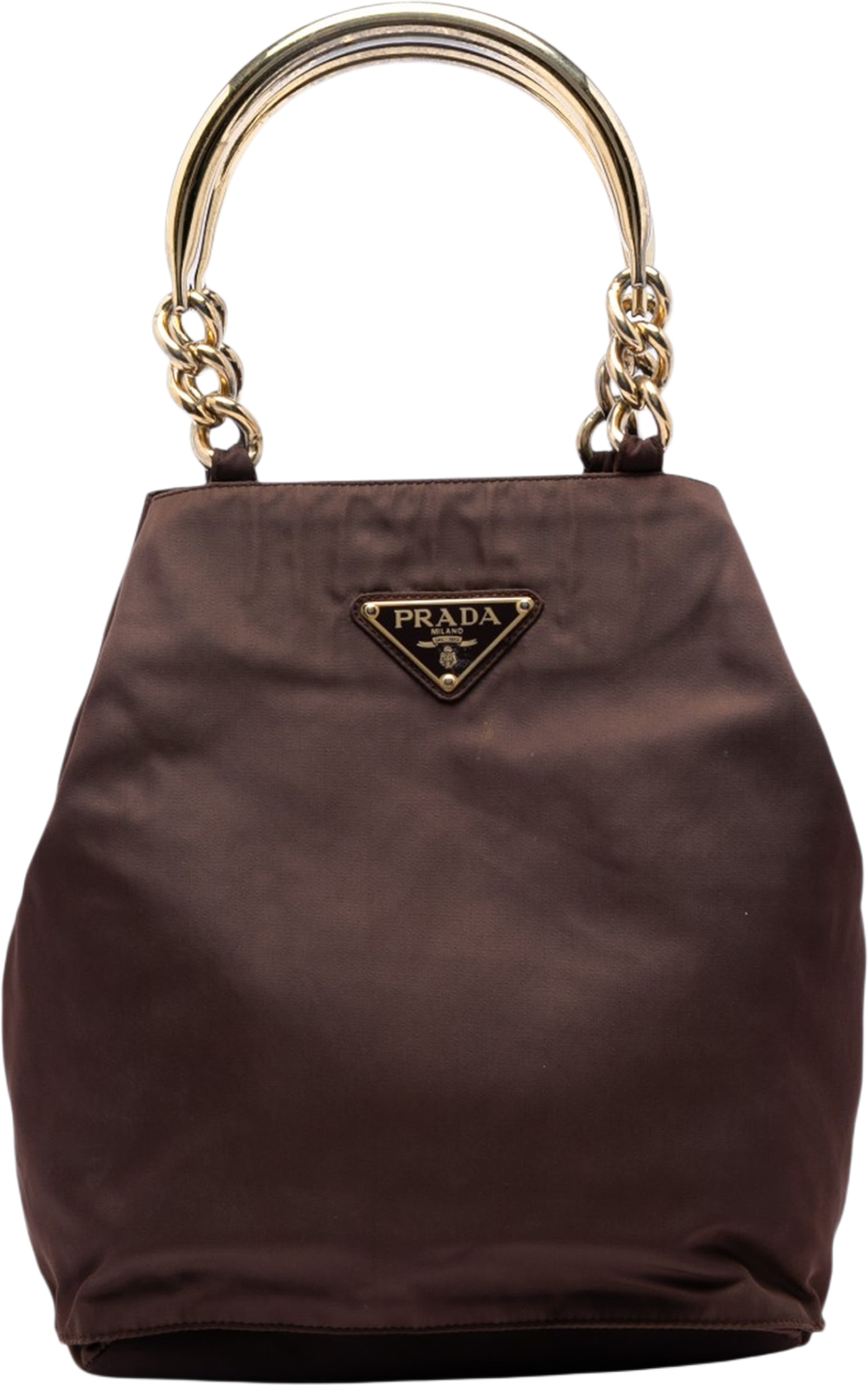 Prada Tessuto Metal Handle Bag, från Luxclusif, i färgen dark brown. Klicka för att öppna bilden i stort format