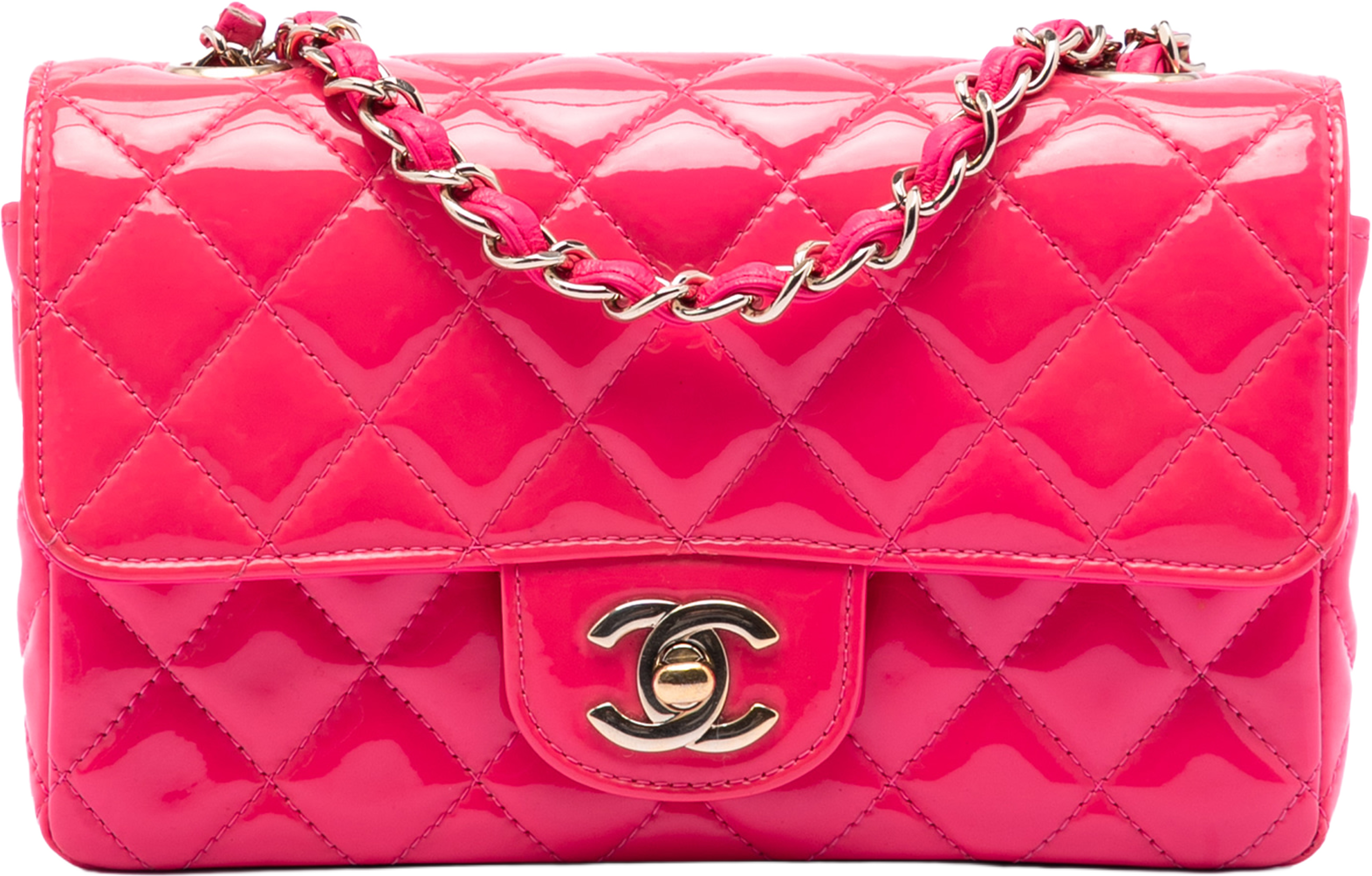 Chanel Mini Rectangular Classic Patent Single Flap, från Luxclusif, i färgen hot pink. Klicka för att öppna bilden i stort format