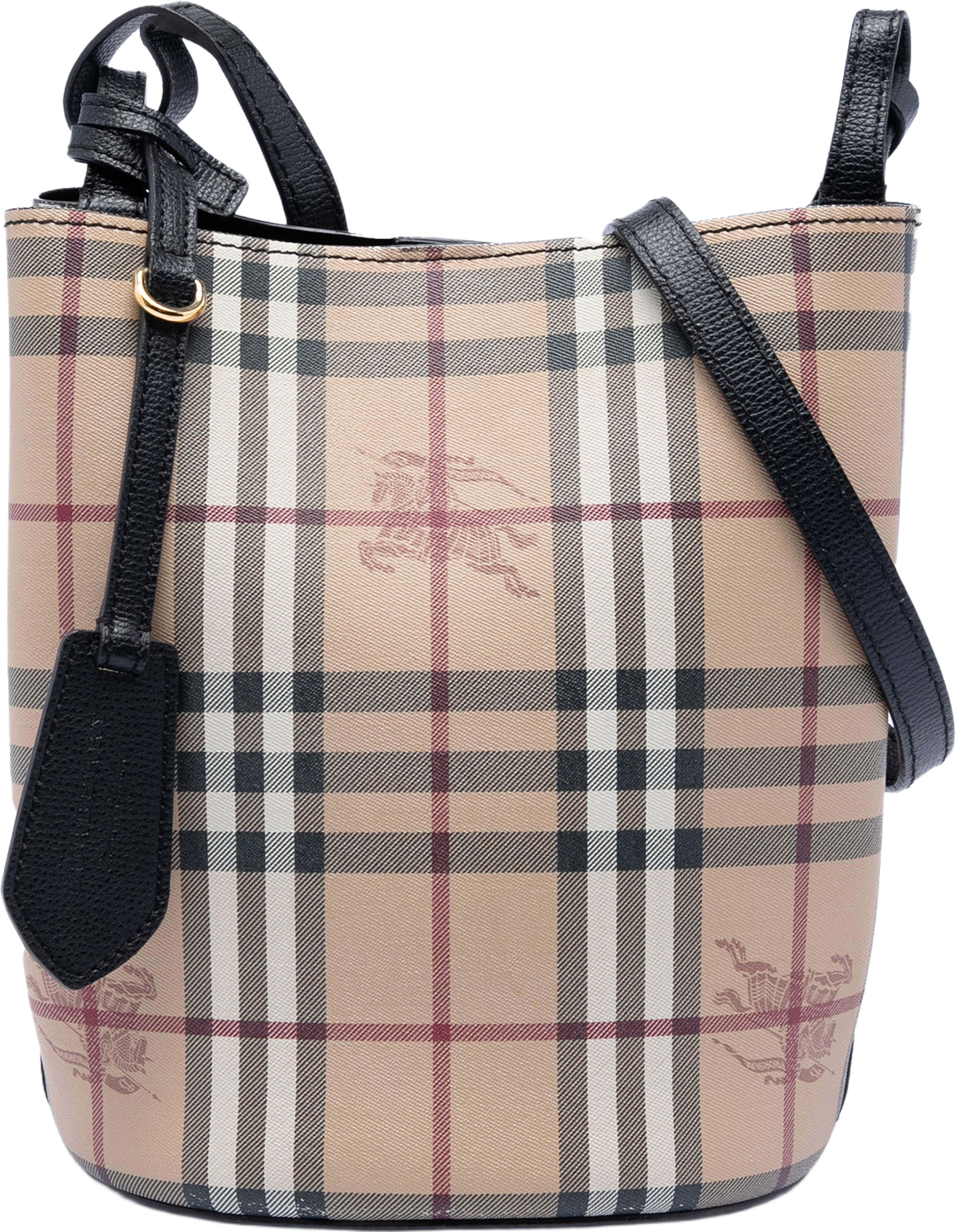 Burberry Haymarket Check Coated Canvas Lorne Bucket Bag, från Luxclusif, i färgen beige. Klicka för att öppna bilden i stort format