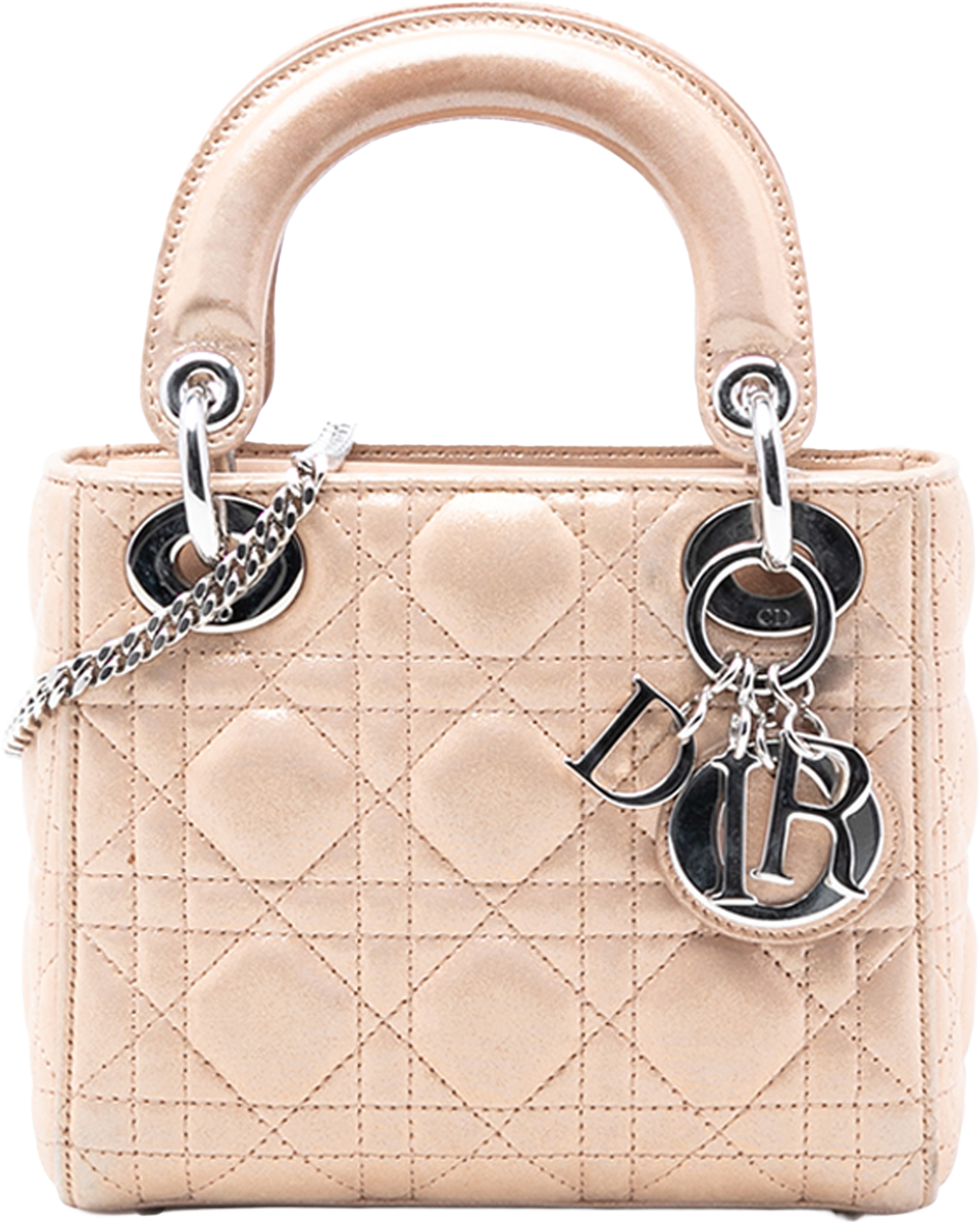 Dior Mini Iridescent Lambskin Cannage Lady Dior, från Luxclusif, i färgen beige. Klicka för att öppna bilden i stort format