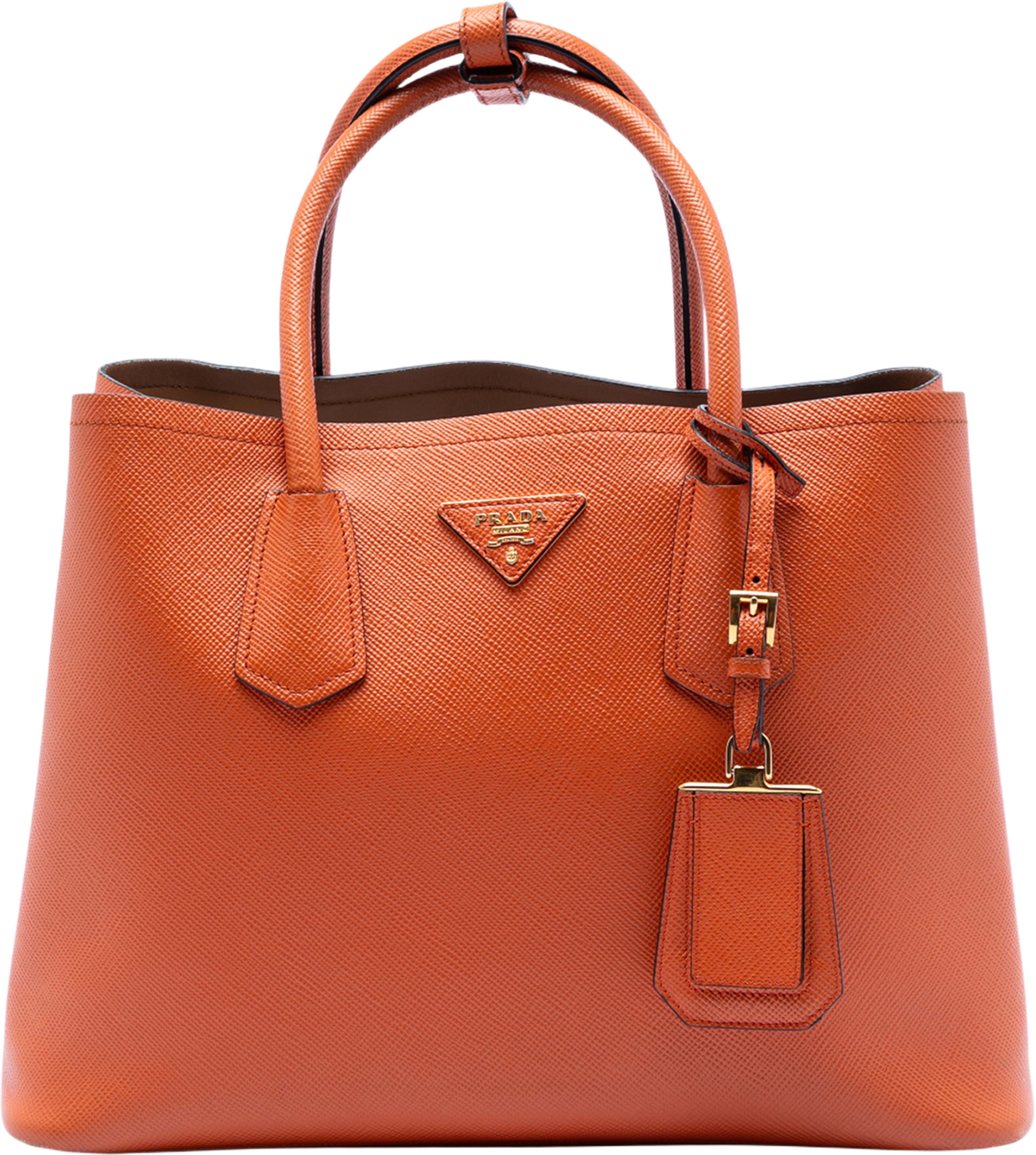 Prada Medium Saffiano Cuir Double Satchel, från Luxclusif, i färgen orange. Klicka för att öppna bilden i stort format