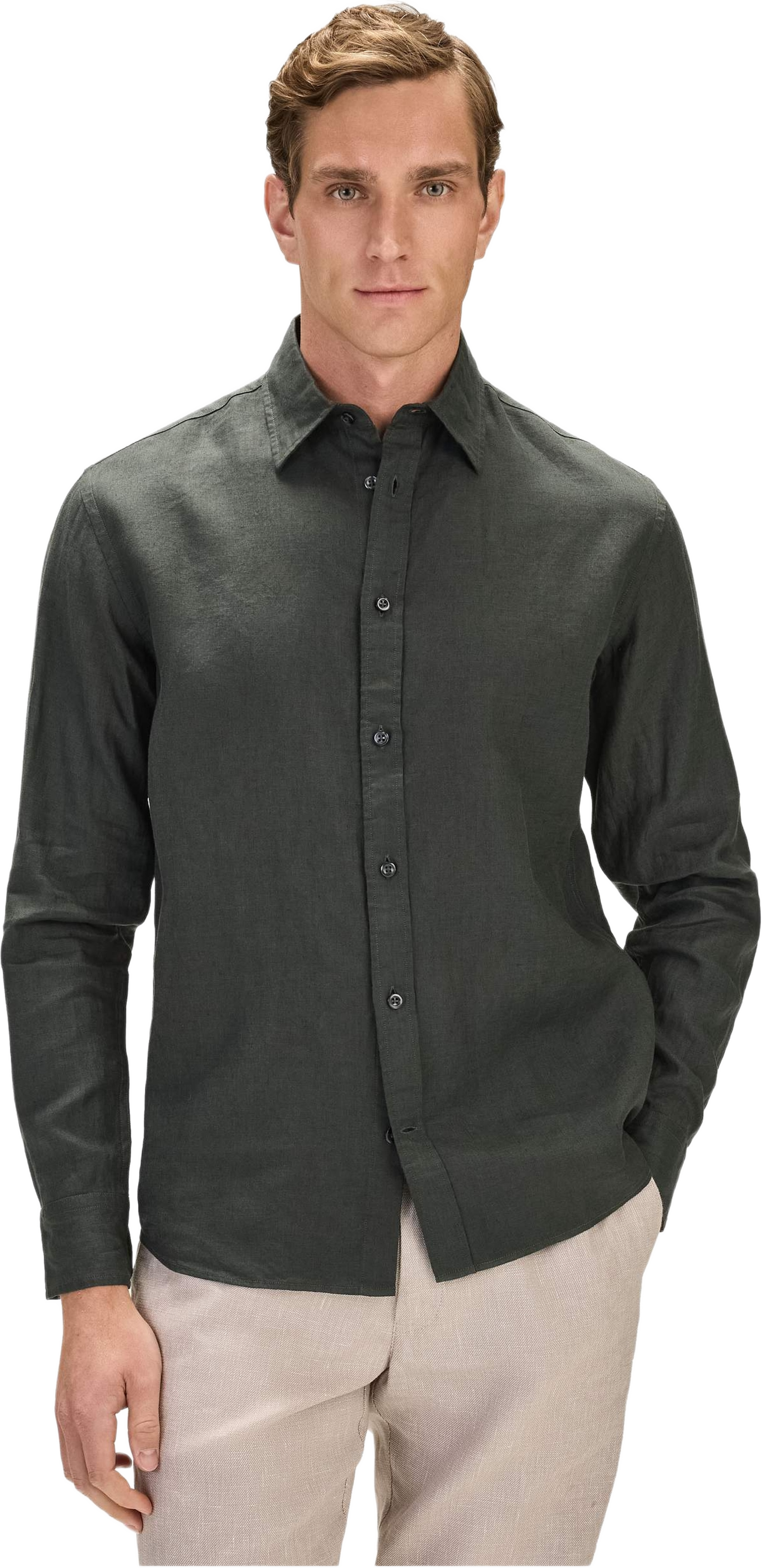 Casual Linen Shirt Solid Pointed Collar, från John Henric, i färgen dark green. Klicka för att öppna bilden i stort format