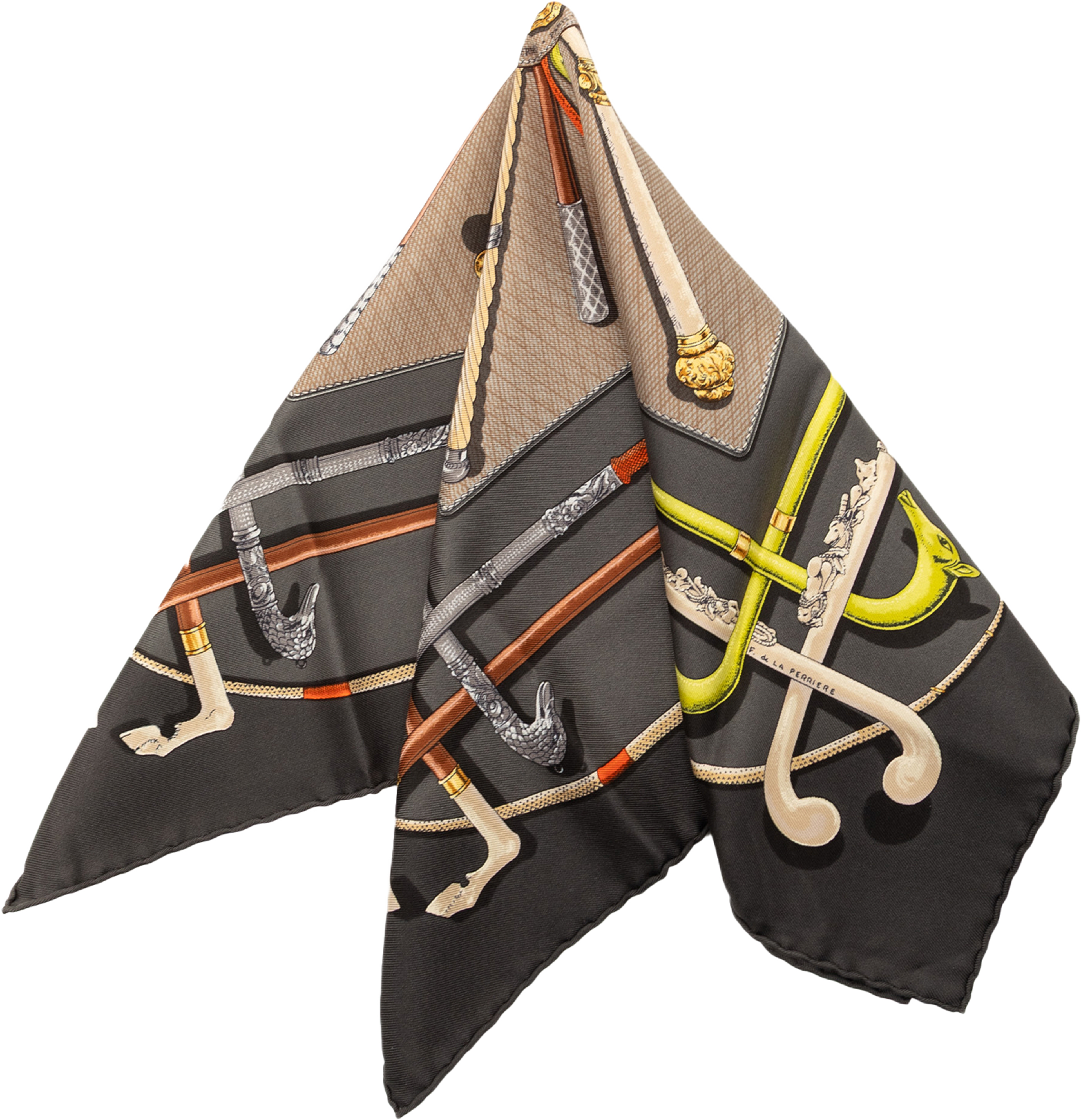 Hermès Cannes Et Pommeaux Silk Scarf 42, från Luxclusif, i färgen charcoal. Klicka för att öppna bilden i stort format