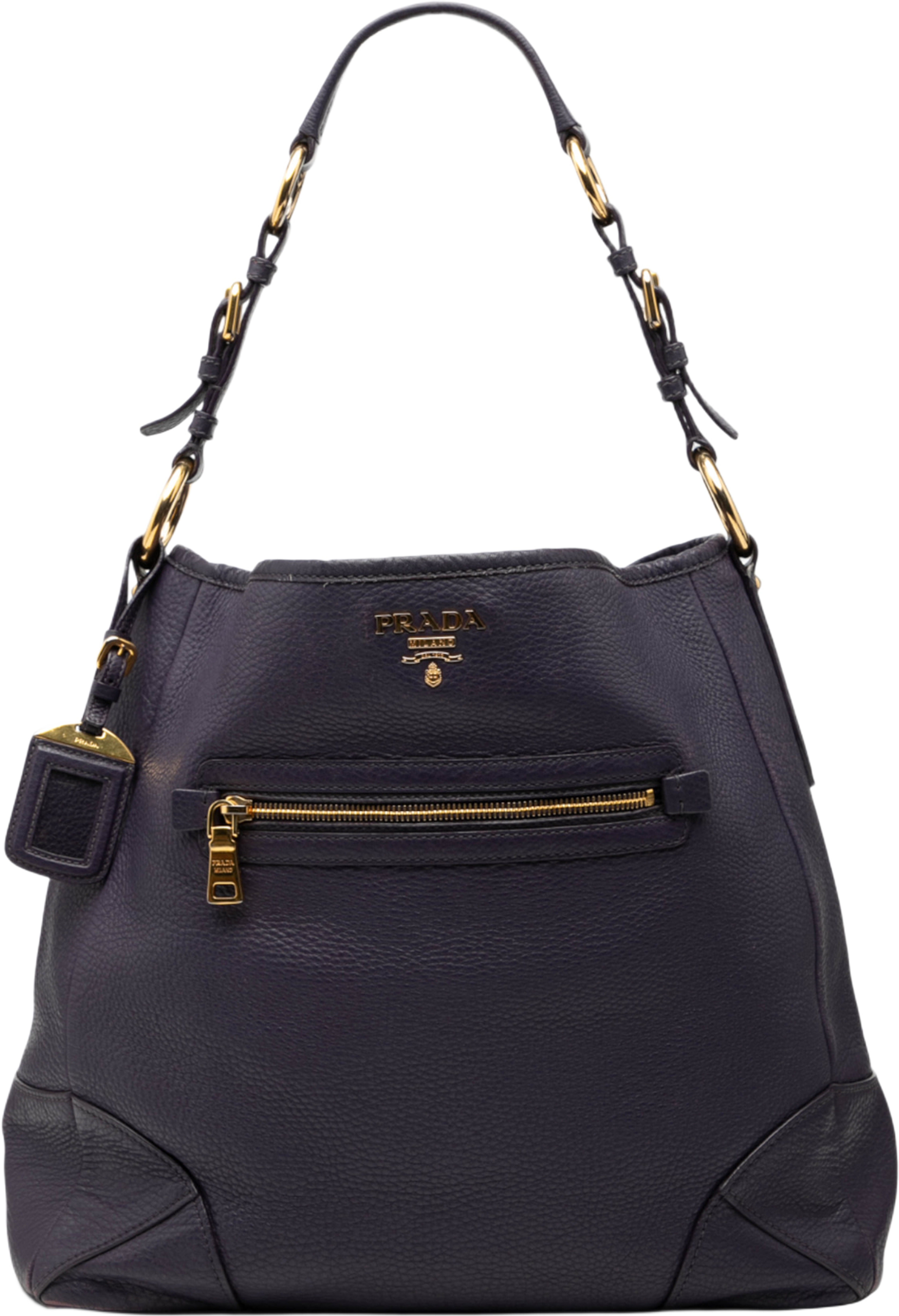 Prada Vitello Daino Front Zip Hobo, från Luxclusif, i färgen violet. Klicka för att öppna bilden i stort format