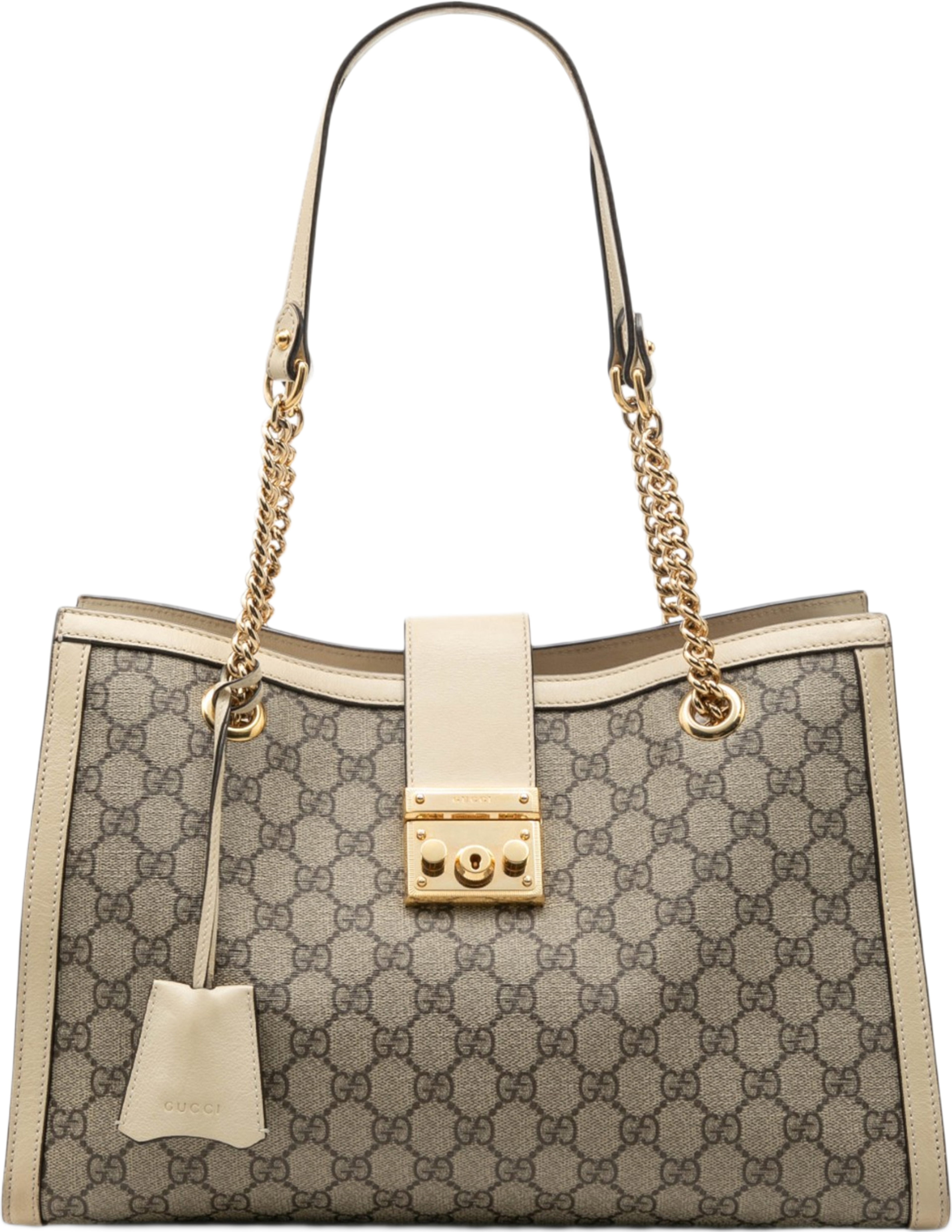 Gucci Medium Gg Supreme Padlock Tote, från Luxclusif, i färgen beige. Klicka för att öppna bilden i stort format