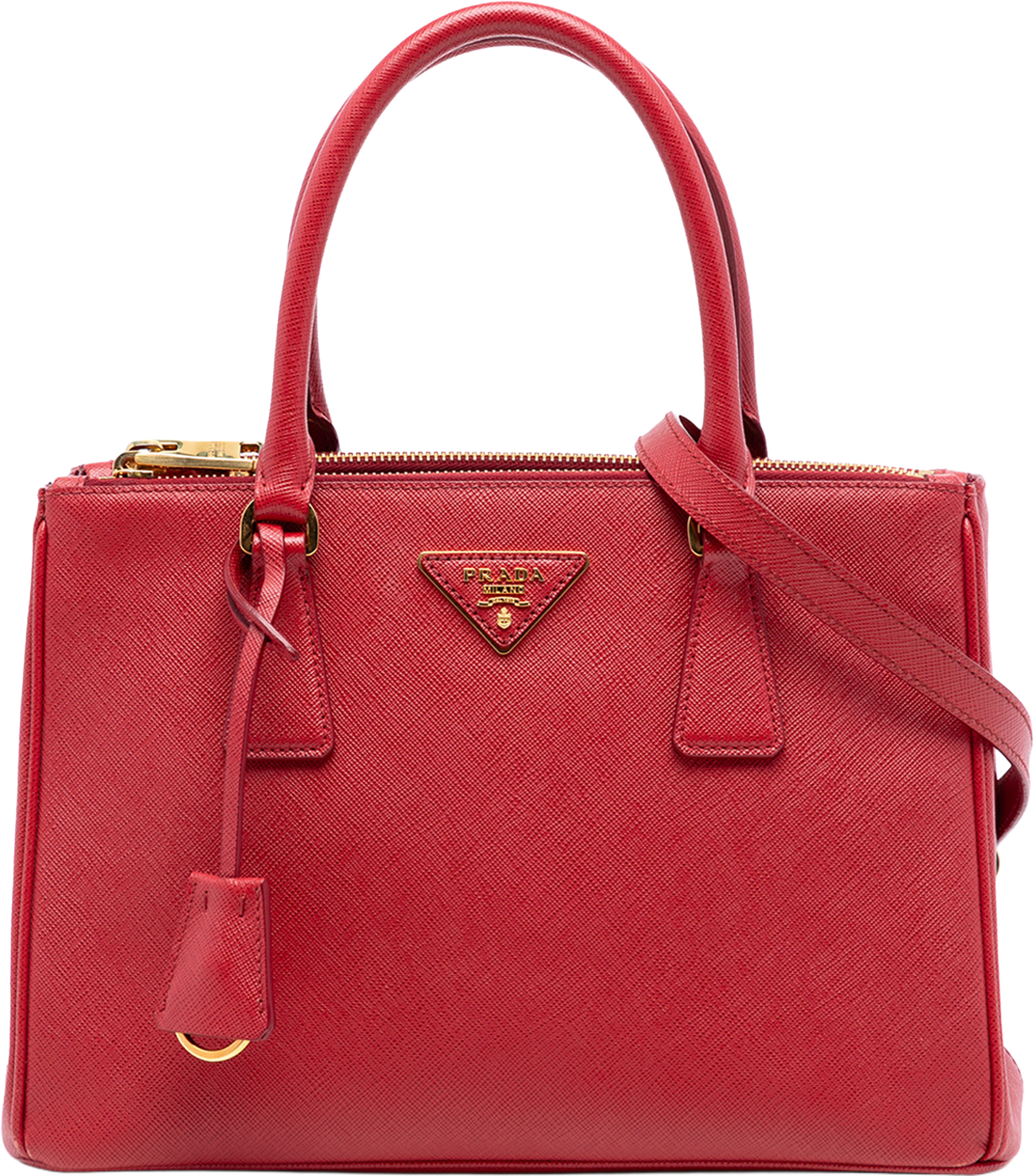 Prada Medium Saffiano Galleria Double Zip Satchel, från Luxclusif, i färgen red. Klicka för att öppna bilden i stort format