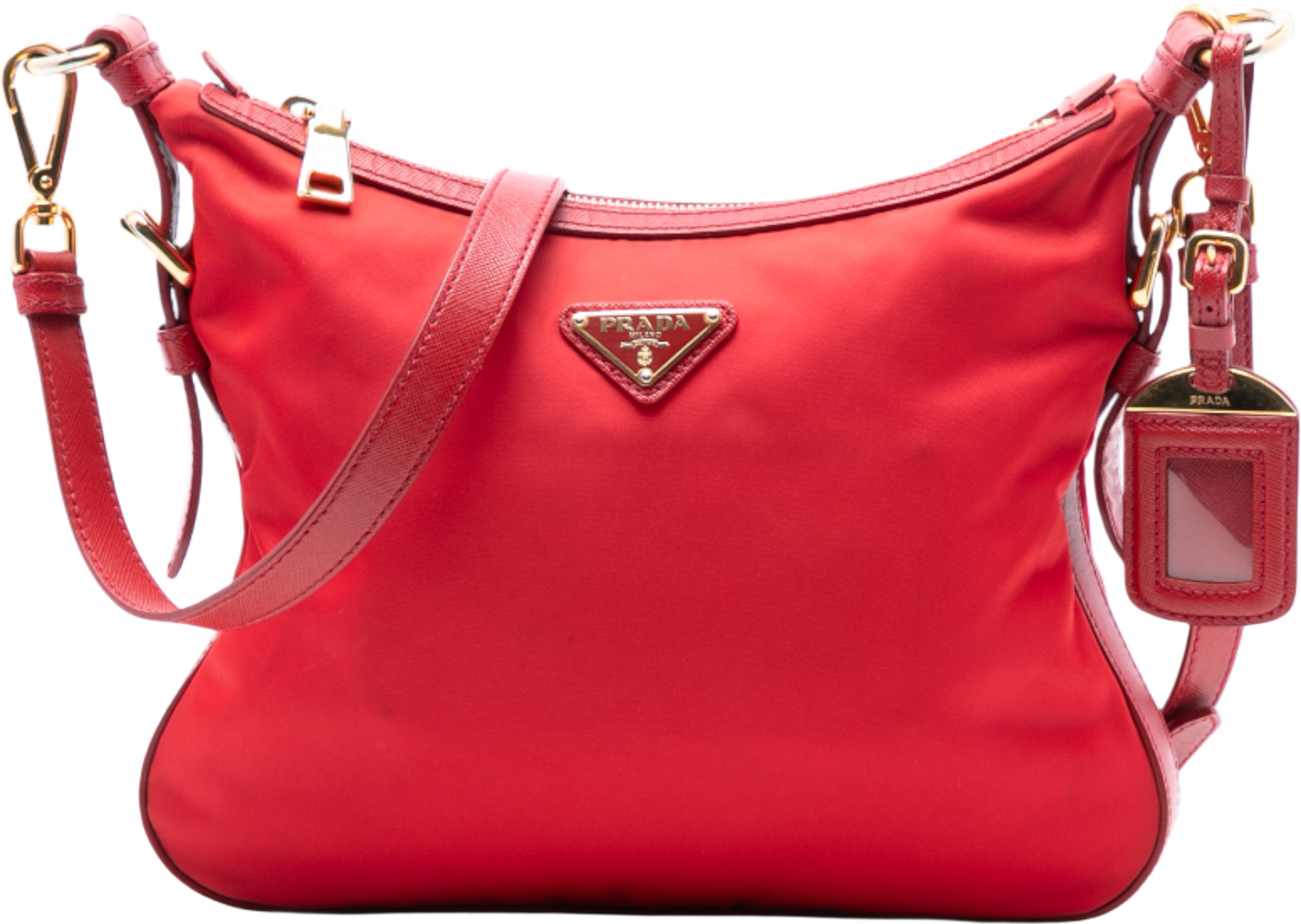 Prada Saffiano Trimmed Tessuto Zip Top Crossbody, från Luxclusif, i färgen red. Klicka för att öppna bilden i stort format