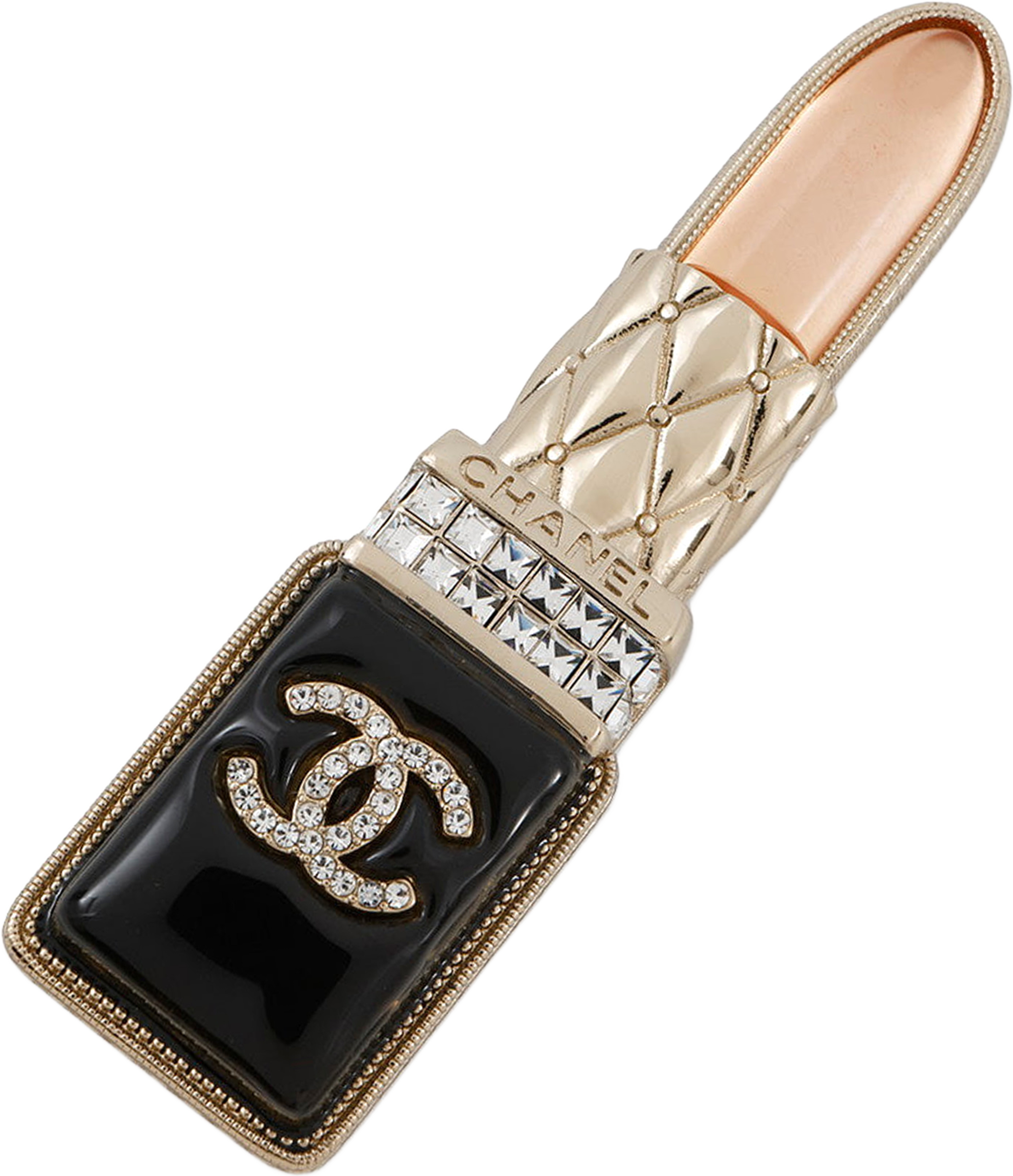 Chanel Gold Plated Resin Crystal Lipstick Brooch, från Luxclusif, i färgen gold. Klicka för att öppna bilden i stort format