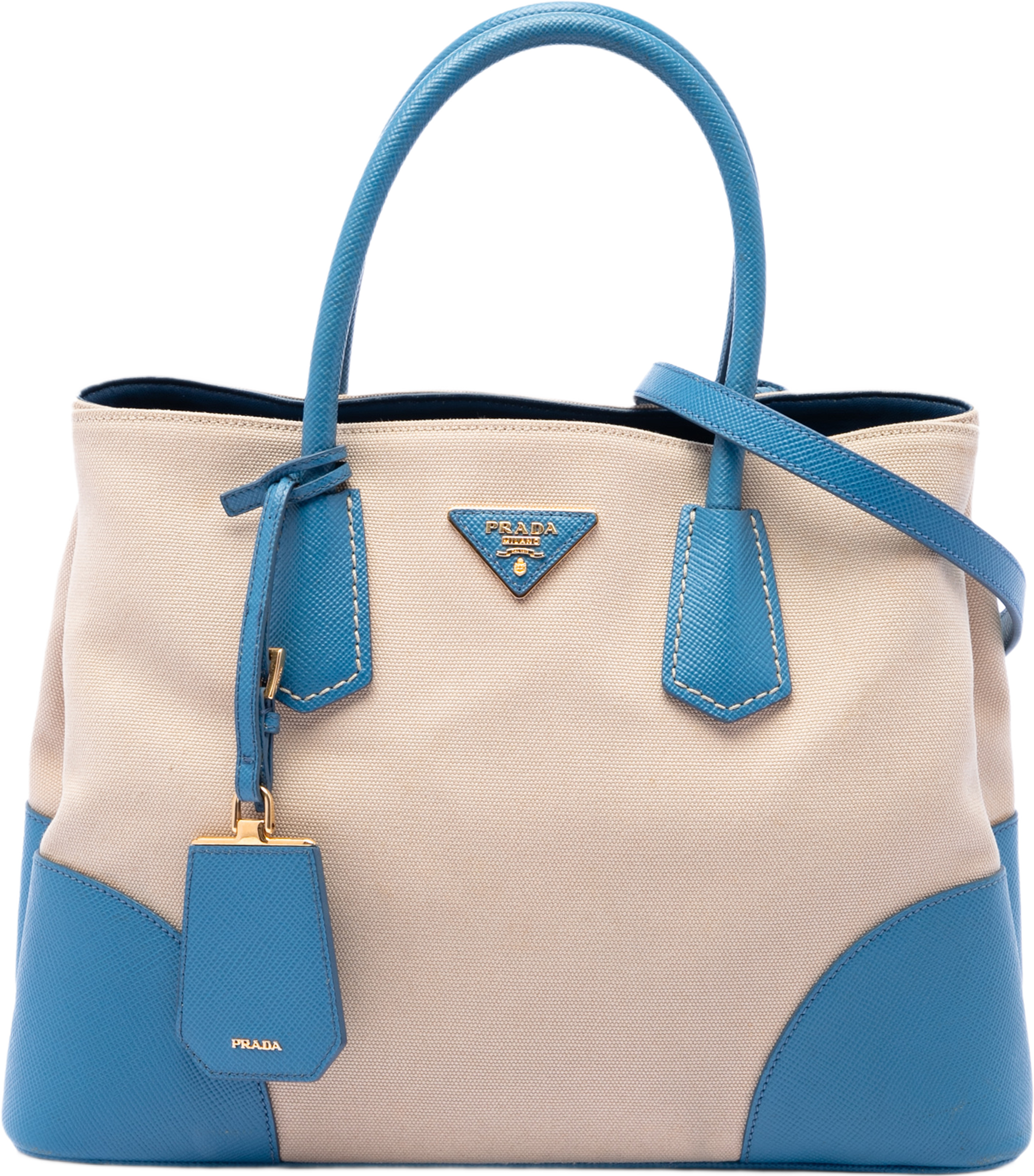 Prada Medium Saffiano Cuir Trimmed Canvas Double Satchel, från Luxclusif, i färgen beige. Klicka för att öppna bilden i stort format