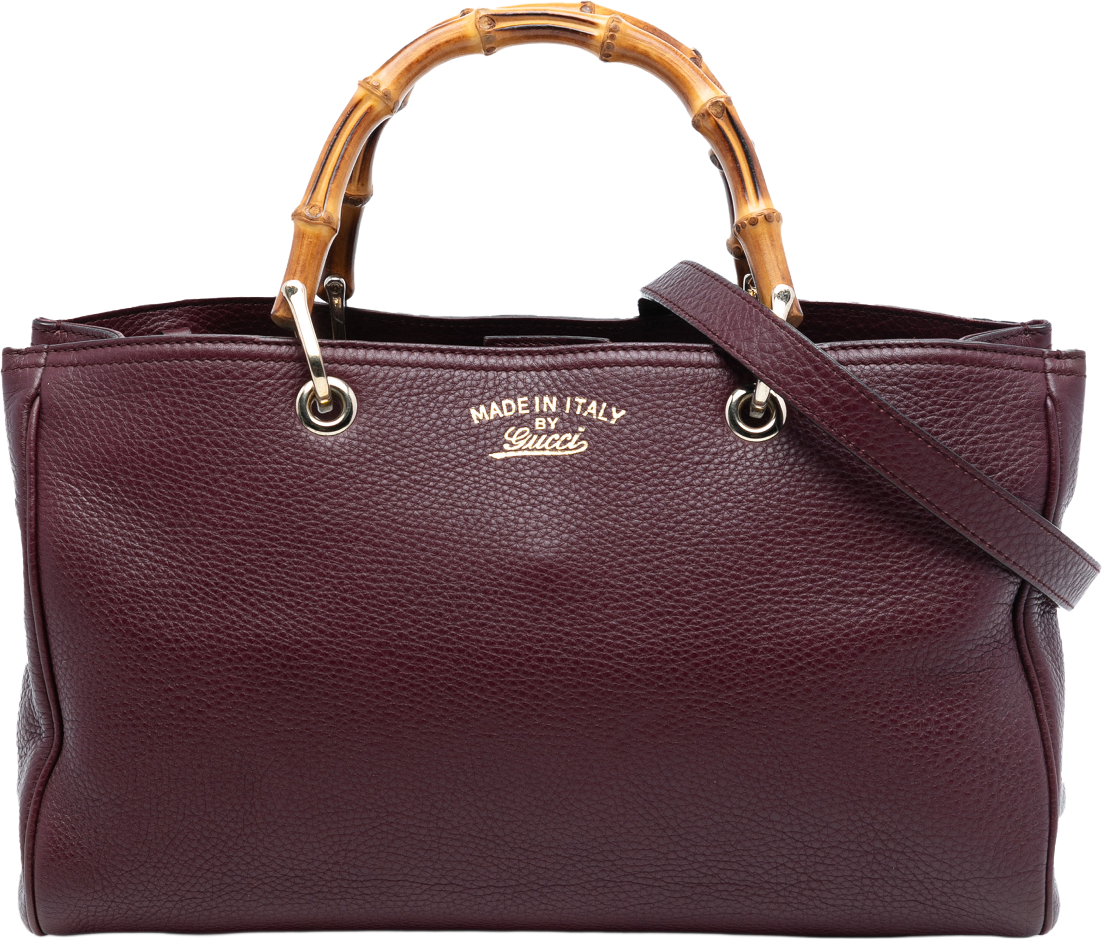 Gucci Medium Calfskin Bamboo Shopper Satchel, från Luxclusif, i färgen burgundy. Klicka för att öppna bilden i stort format