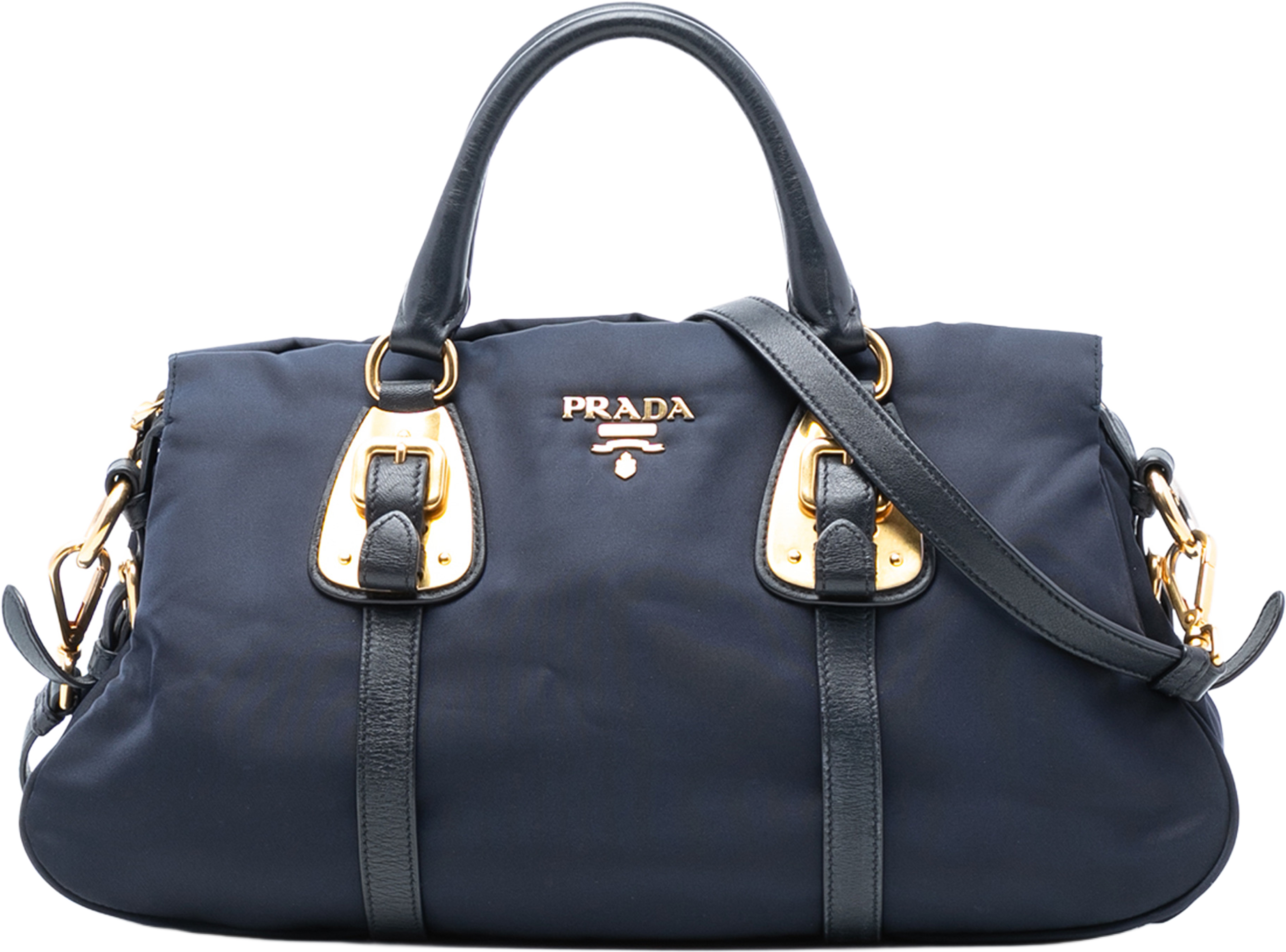 Prada Soft Calf Trimmed Tessuto Satchel, från Luxclusif, i färgen navy. Klicka för att öppna bilden i stort format