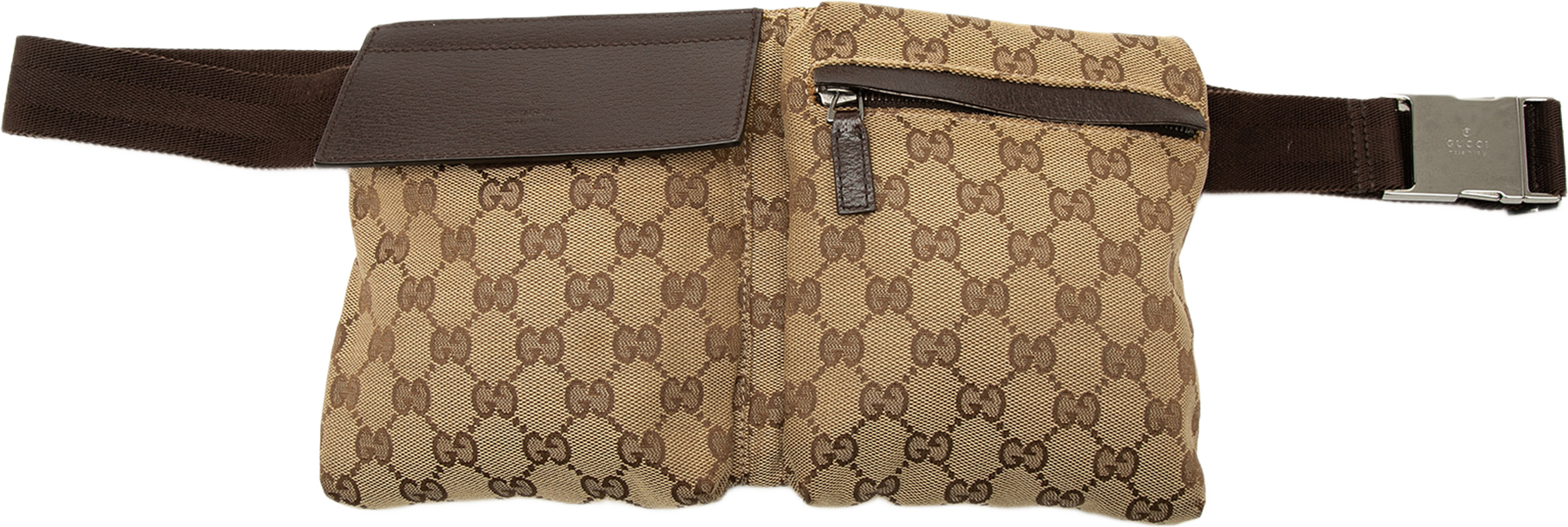 Gucci Gg Canvas Double Pocket Belt Bag, från Luxclusif, i färgen beige. Klicka för att öppna bilden i stort format