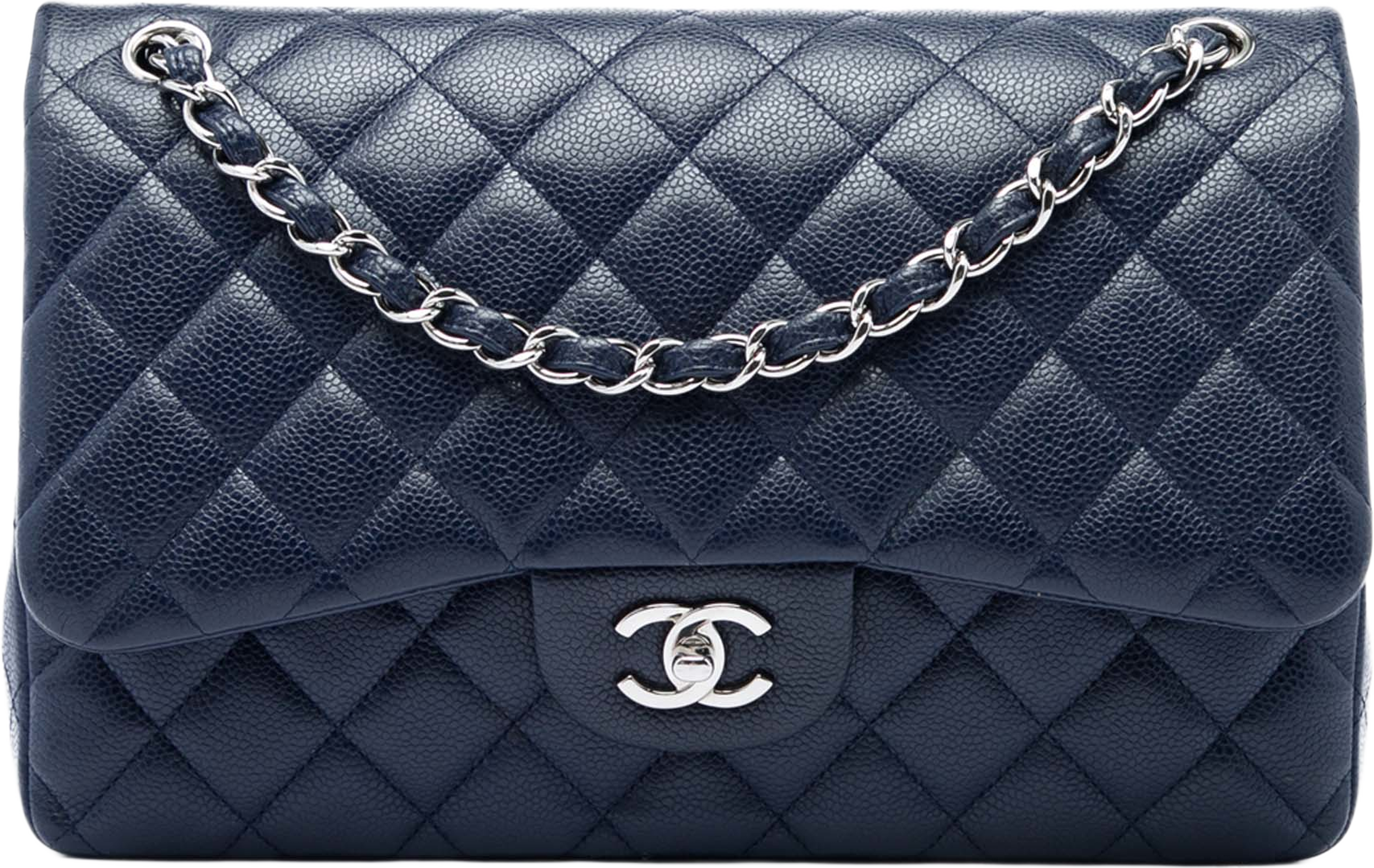 Chanel Jumbo Classic Caviar Double Flap, från Luxclusif, i färgen blå. Klicka för att öppna bilden i stort format