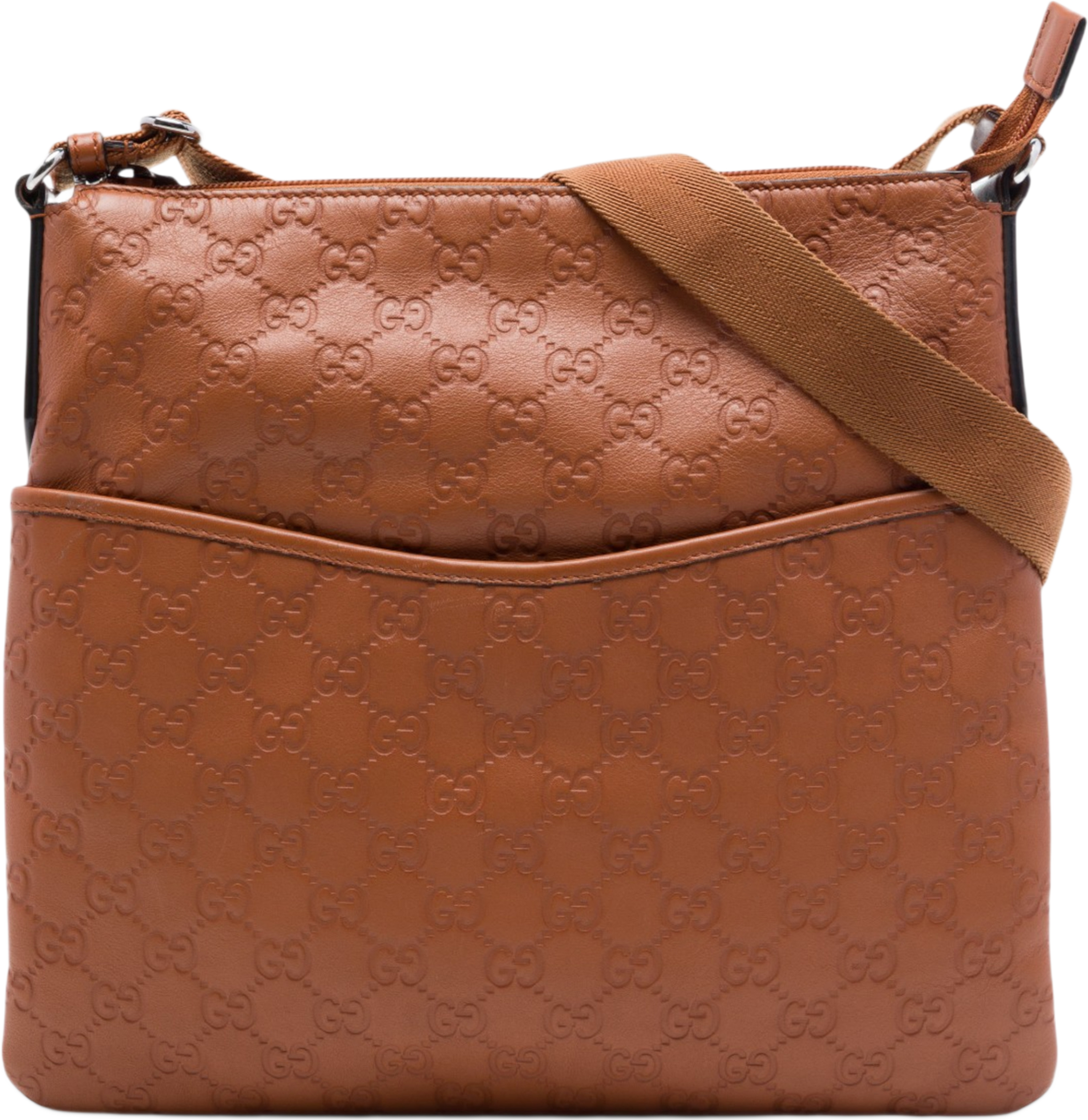 Gucci Guccissima Flat Messenger Bag, från Luxclusif, i färgen brun. Klicka för att öppna bilden i stort format