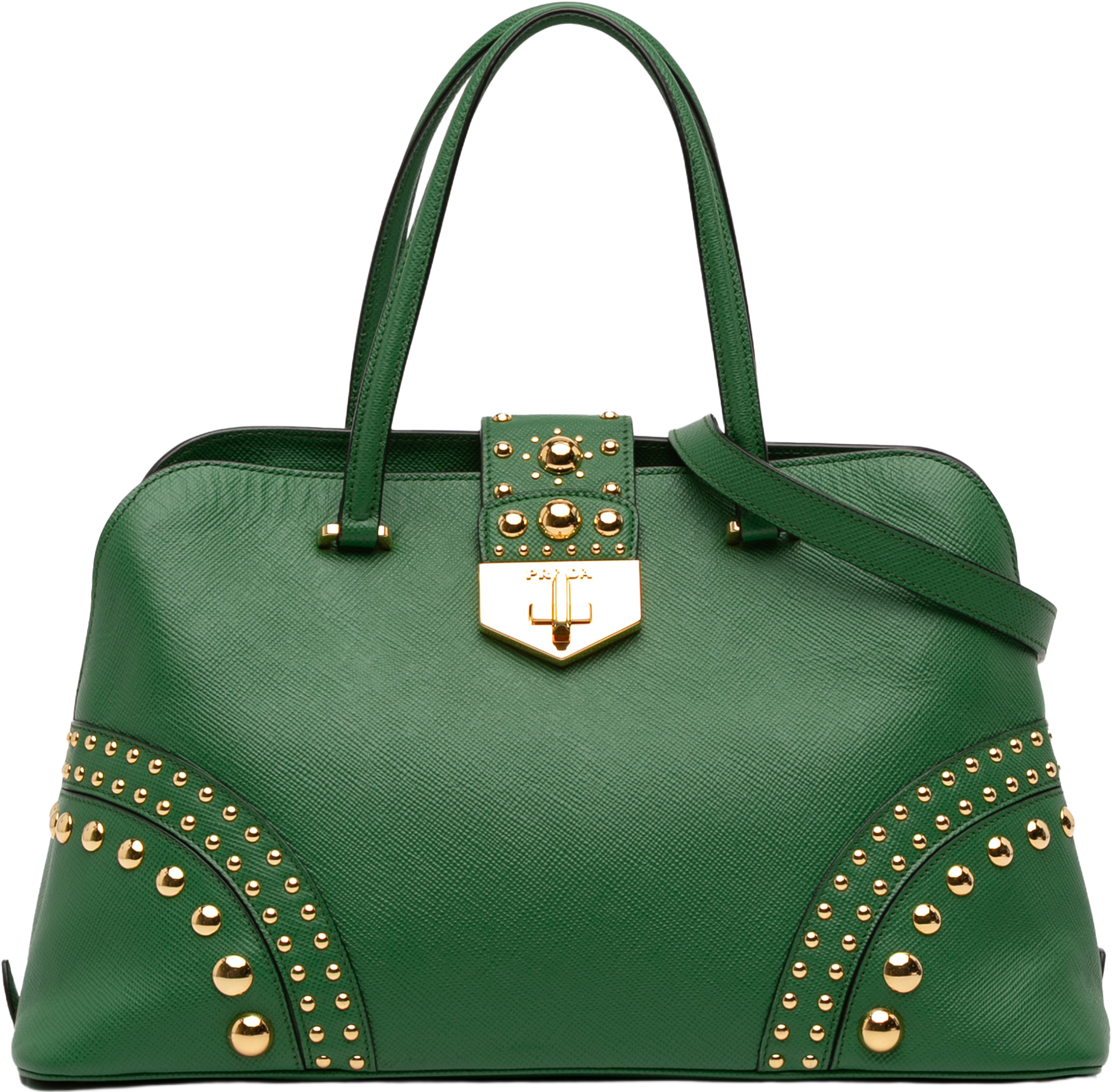 Prada Studded Saffiano Cuir Promenade Satchel, från Luxclusif, i färgen green. Klicka för att öppna bilden i stort format