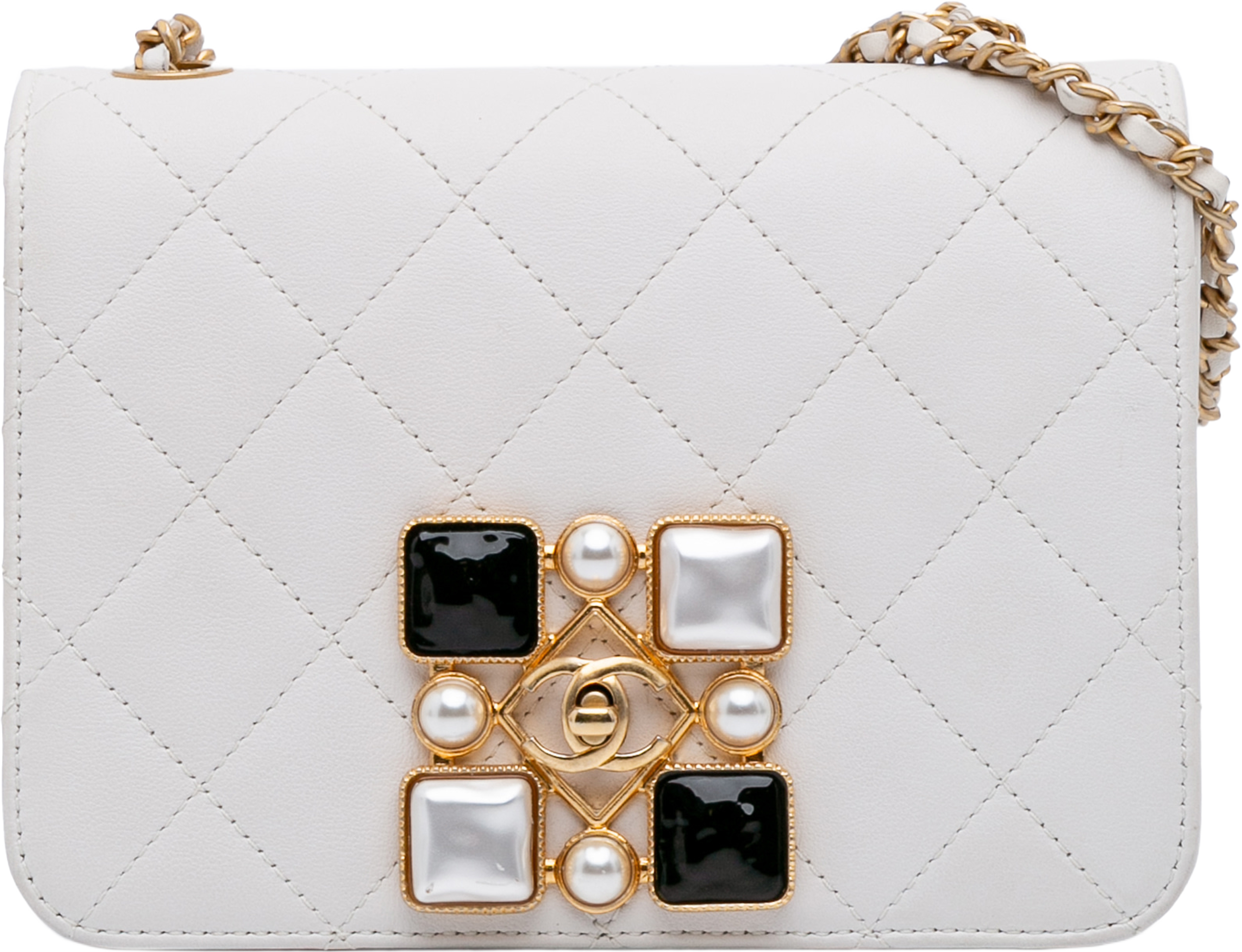 Chanel Small Cc Quilted Calfskin Crystal Pearl Full Flap, från Luxclusif, i färgen ivory. Klicka för att öppna bilden i stort format