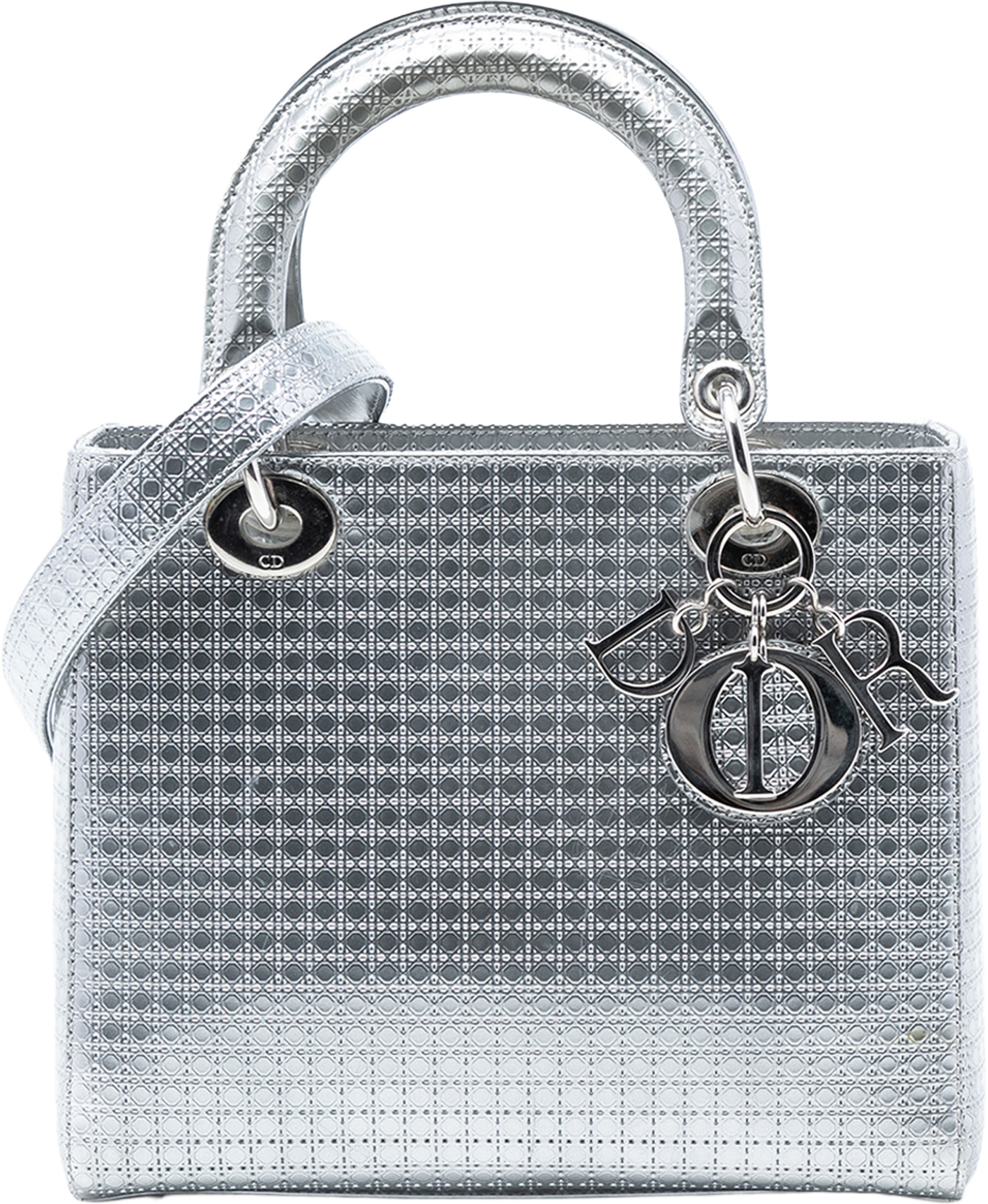 Dior Medium Metallic Patent Microcannage Lady Dior, från Luxclusif, i färgen silver. Klicka för att öppna bilden i stort format