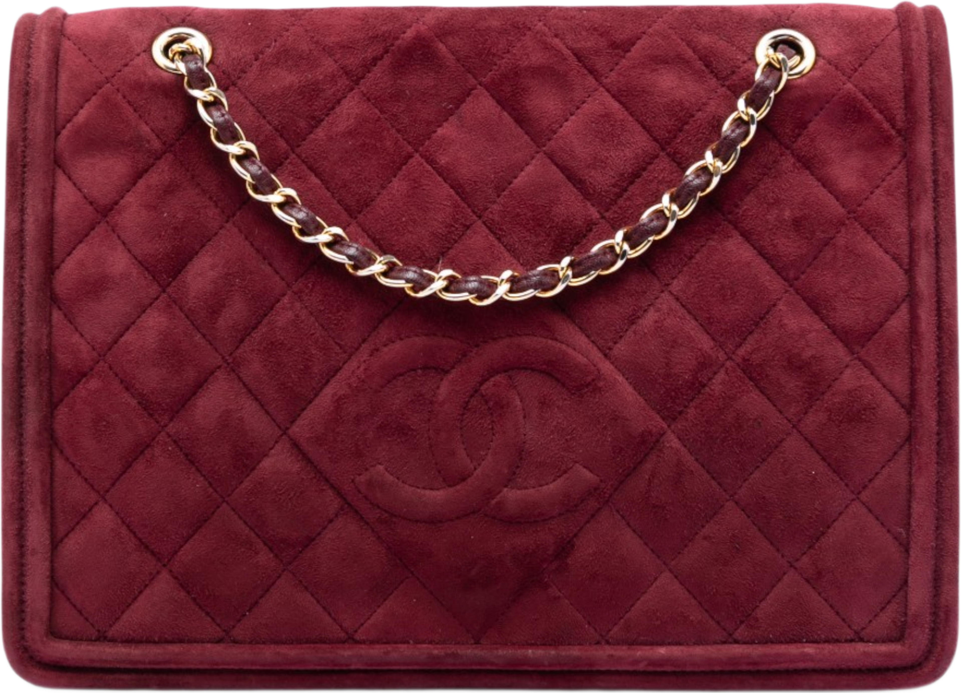 Chanel Cc Quilted Suede Diamond Full Flap, från Luxclusif, i färgen burgundy. Klicka för att öppna bilden i stort format