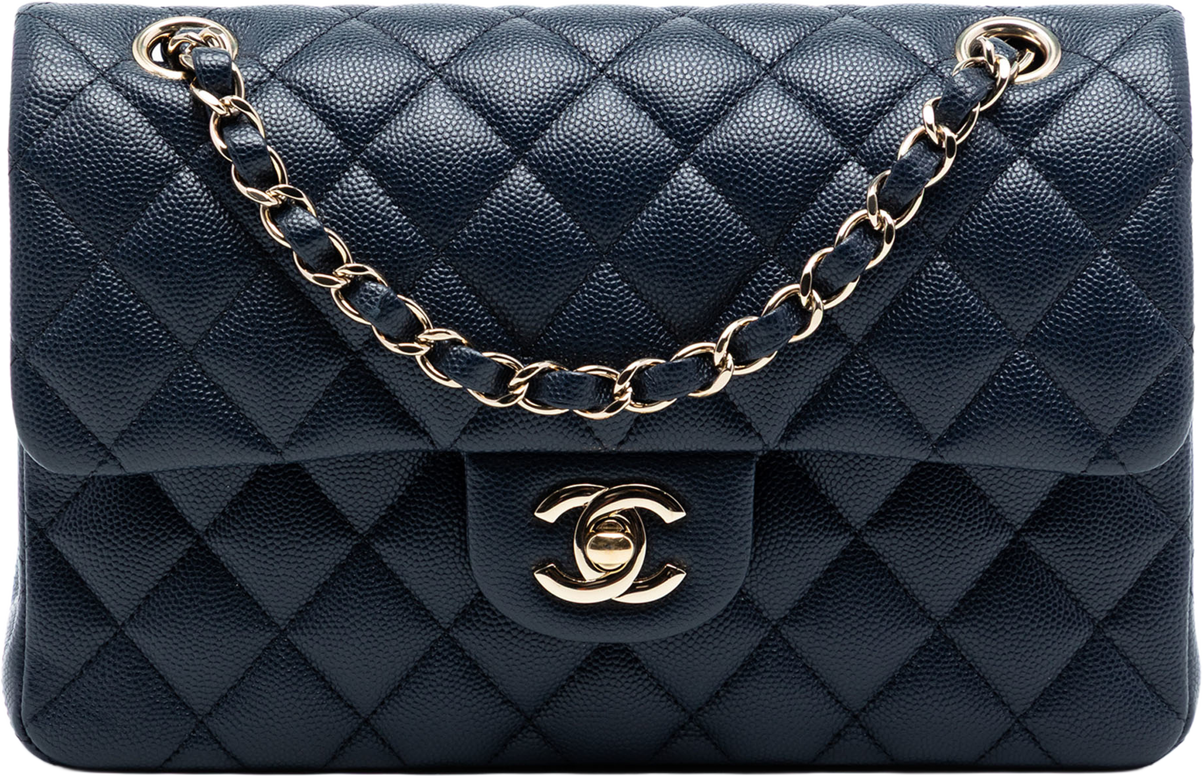 Chanel Small Classic Caviar Double Flap, från Luxclusif, i färgen navy. Klicka för att öppna bilden i stort format