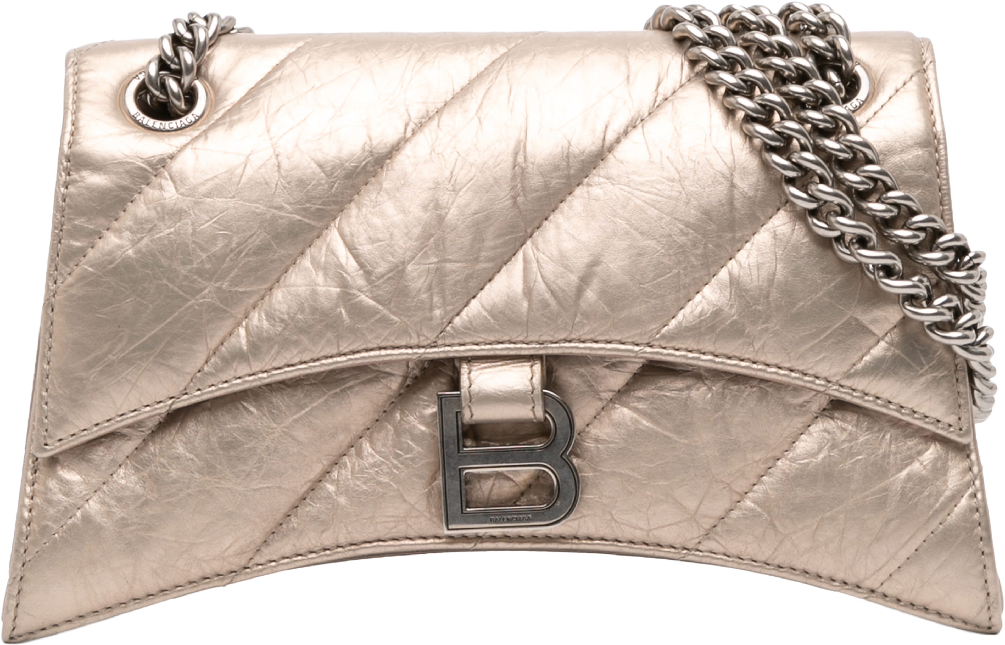 Balenciaga Small Metallic Calfskin Crush Chain Shoulder Bag, från Luxclusif, i färgen beige. Klicka för att öppna bilden i stort format