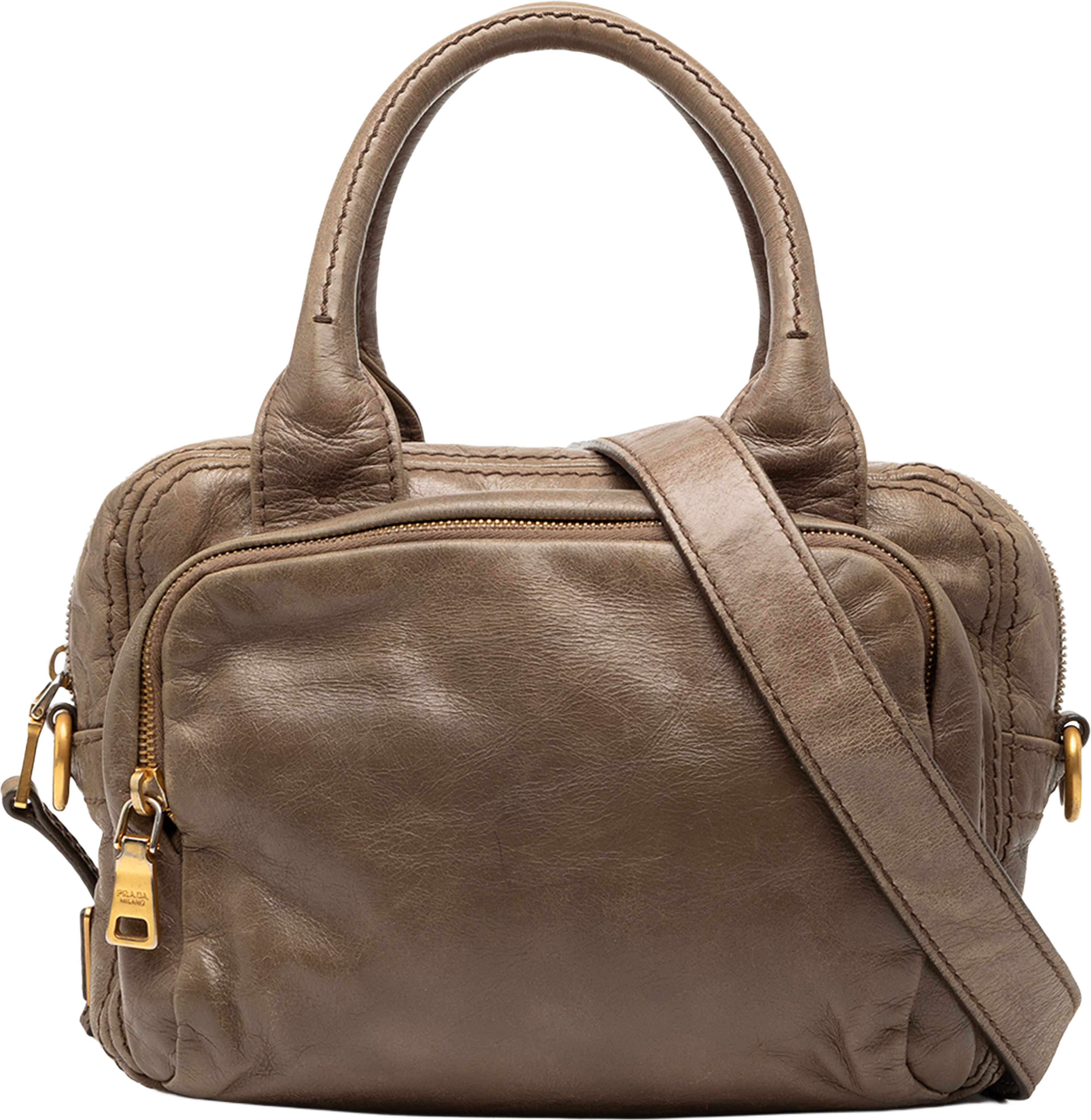 Prada Vitello Shine Bauletto Satchel, från Luxclusif, i färgen taupe. Klicka för att öppna bilden i stort format