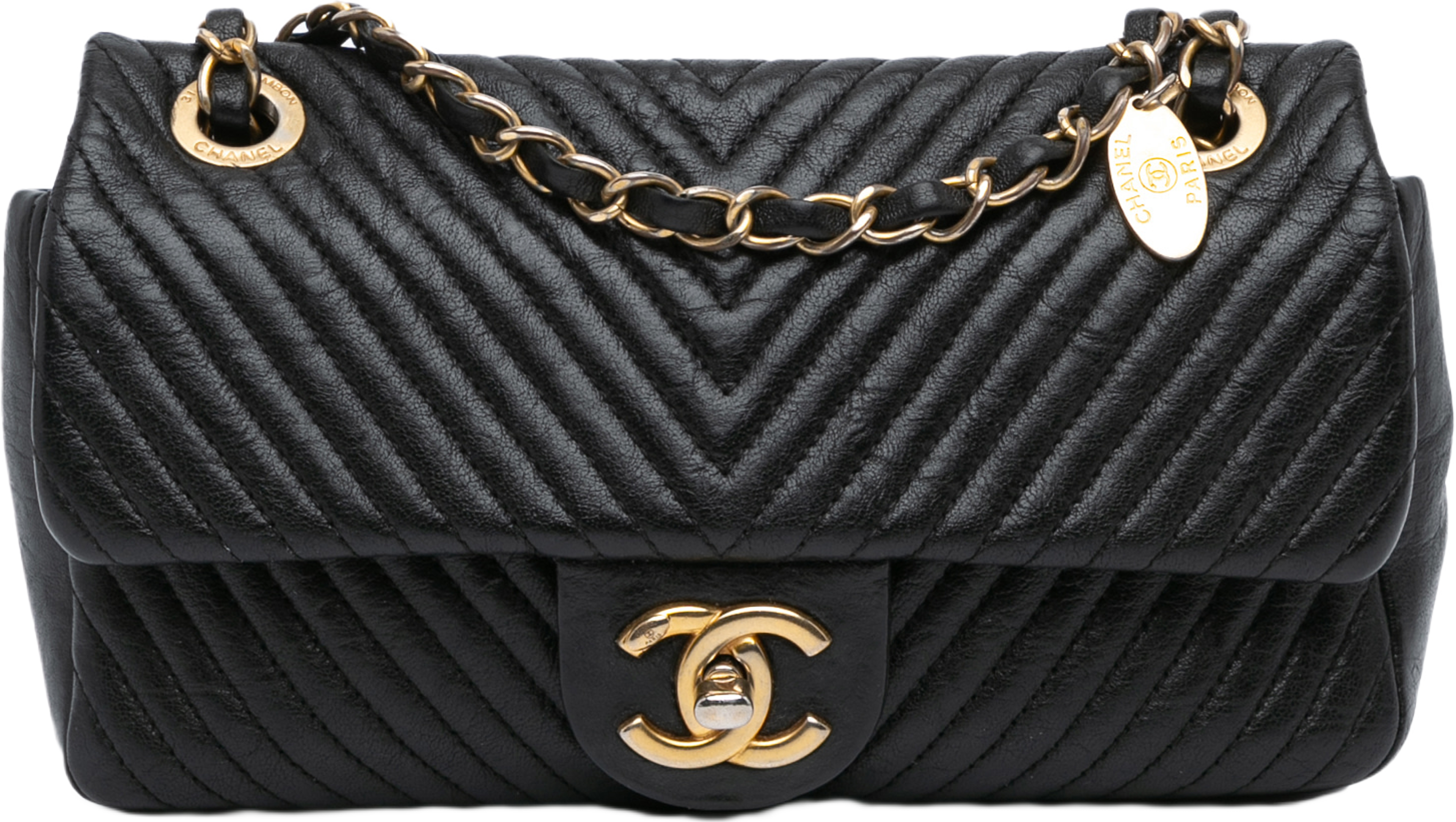 Chanel Small Chevron Wrinkled Lambskin Medallion Charm Surpique Flap