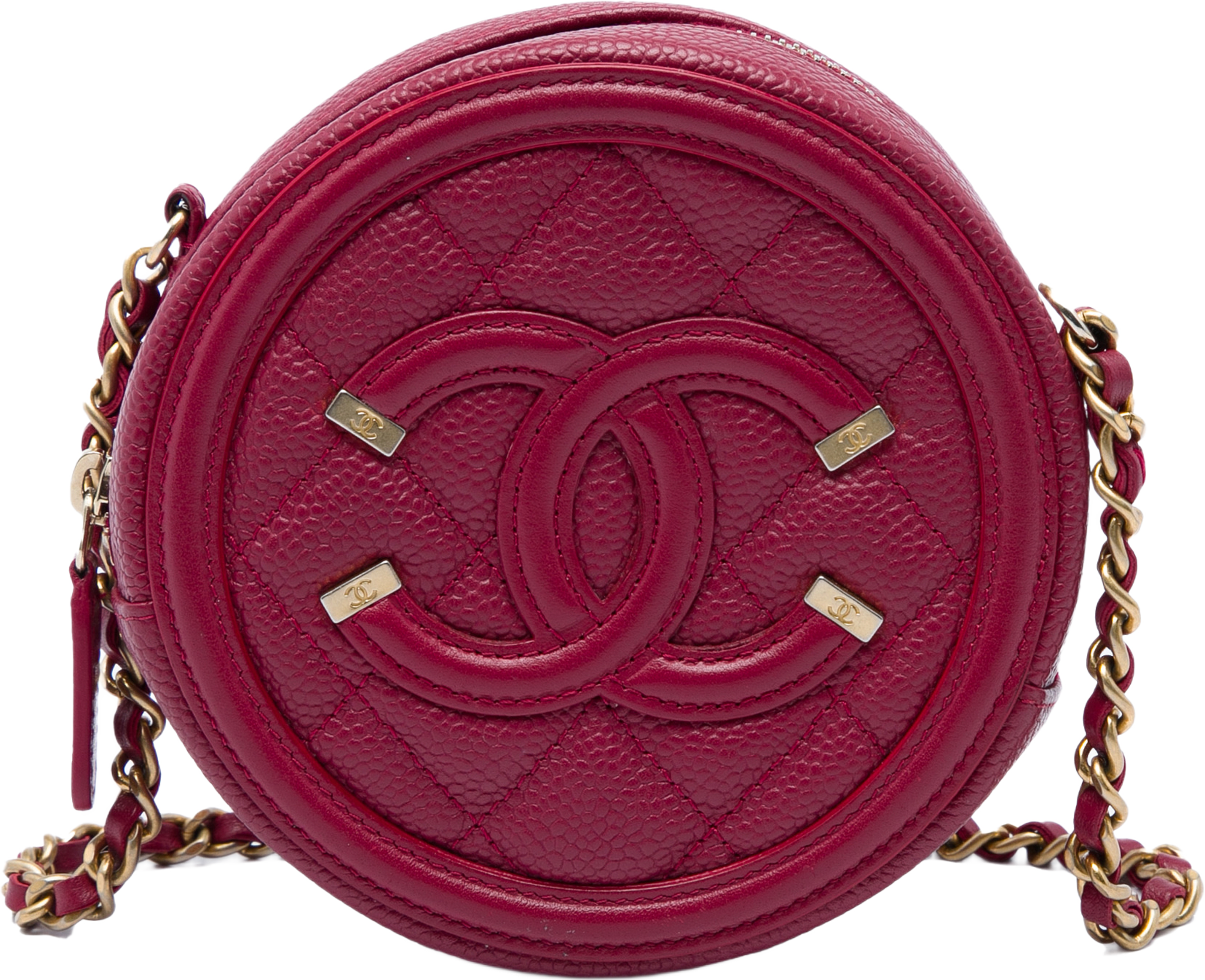 Chanel Caviar Cc Filigree Round Crossbody, från Luxclusif, i färgen röd. Klicka för att öppna bilden i stort format