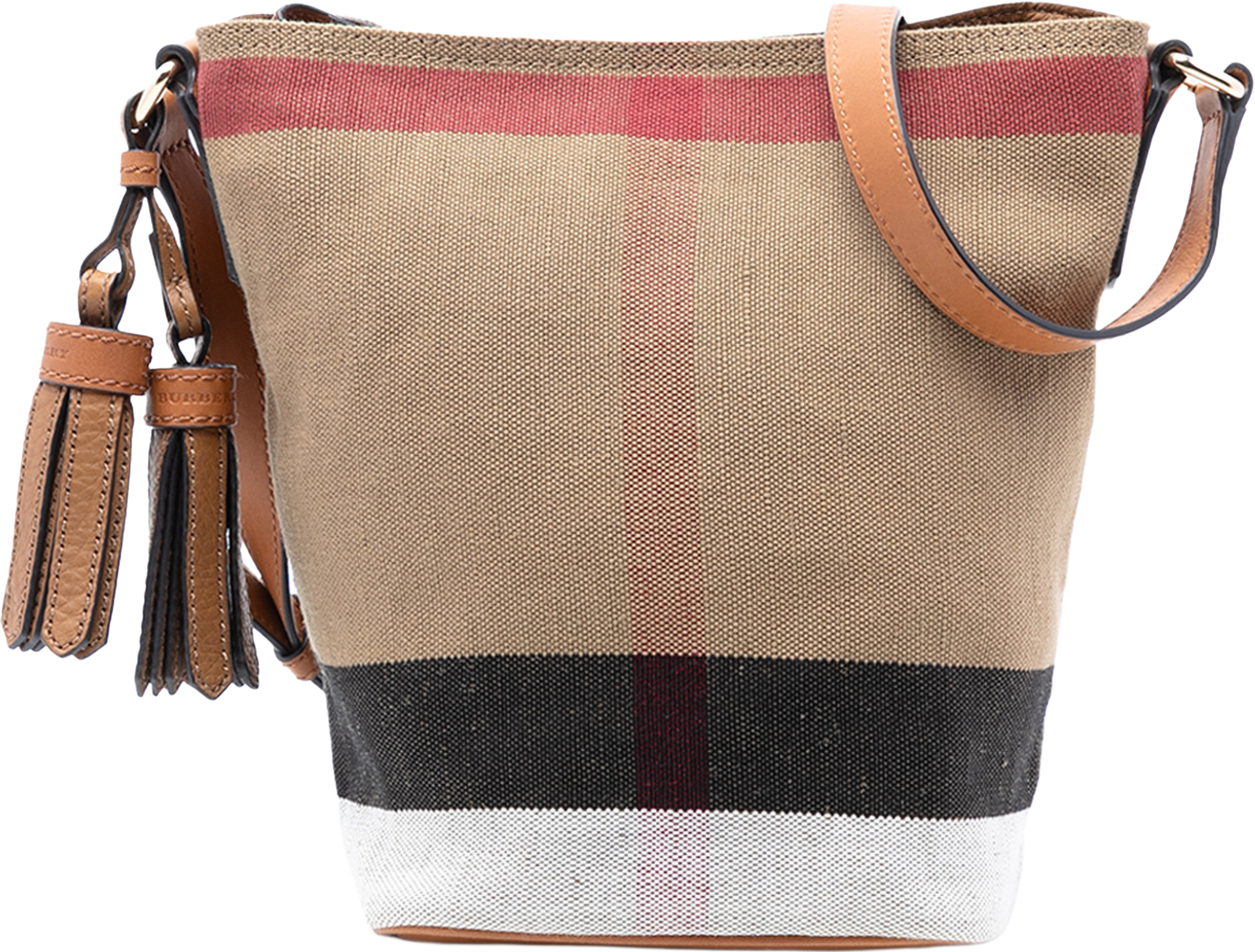 Burberry Mini Mega Check Canvas Ashby Tassel Bucket Bag, från Luxclusif, i färgen light brown. Klicka för att öppna bilden i stort format