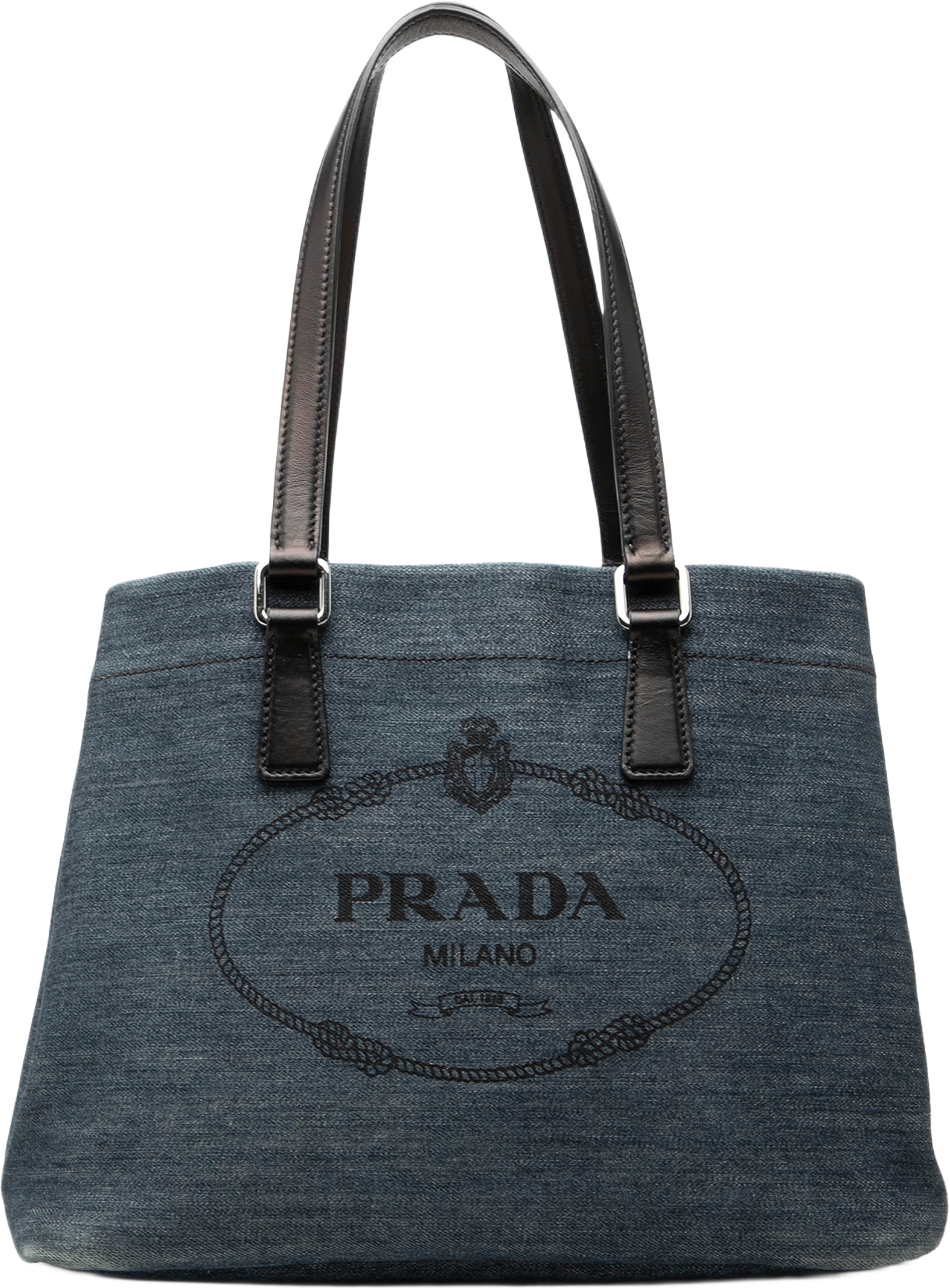 Prada Logo Denim Tote, från Luxclusif, i färgen blå. Klicka för att öppna bilden i stort format