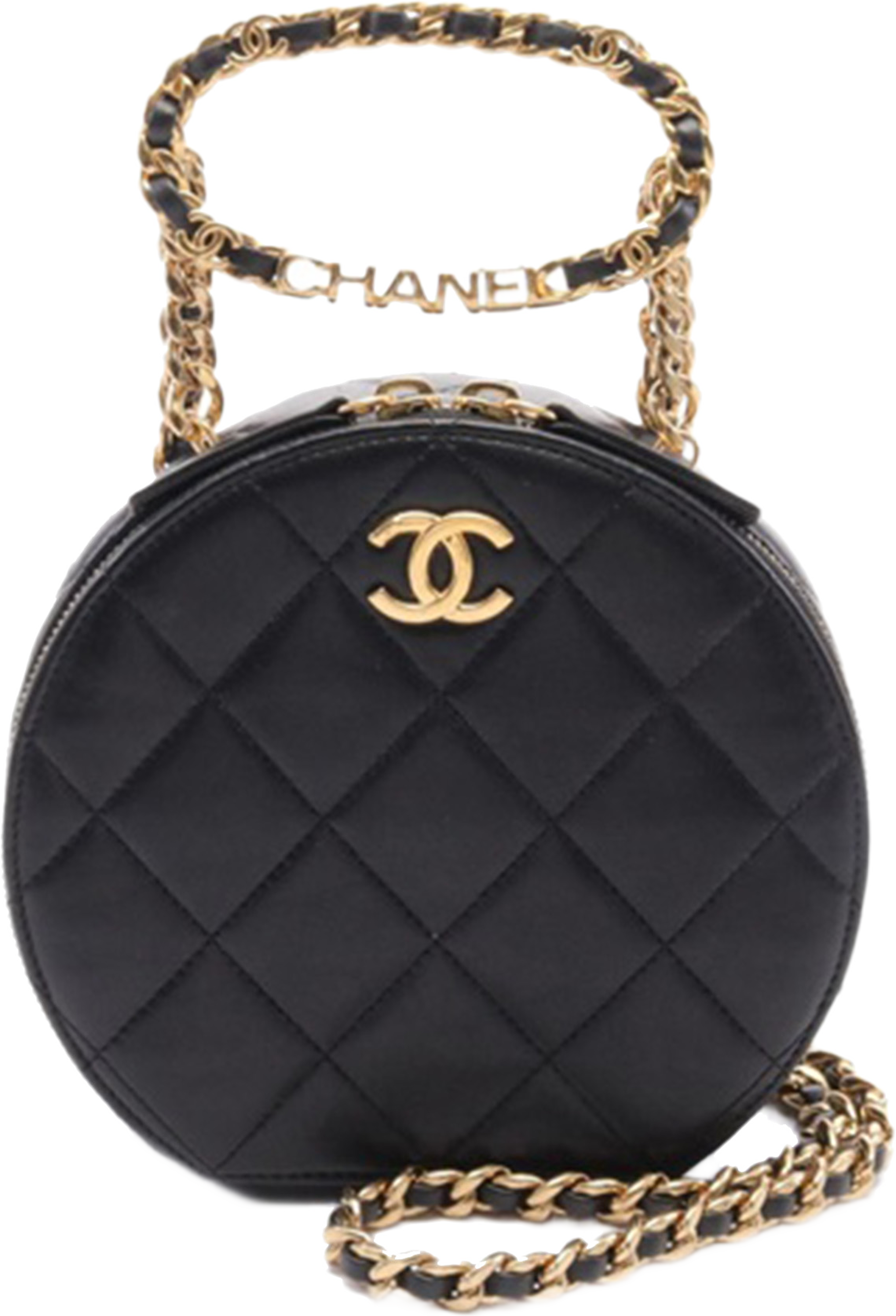 Chanel Quilted Lambskin Oval Logo Chain Top Handle Round Clutch On Chain, från Luxclusif, i färgen svart. Klicka för att öppna bilden i stort format
