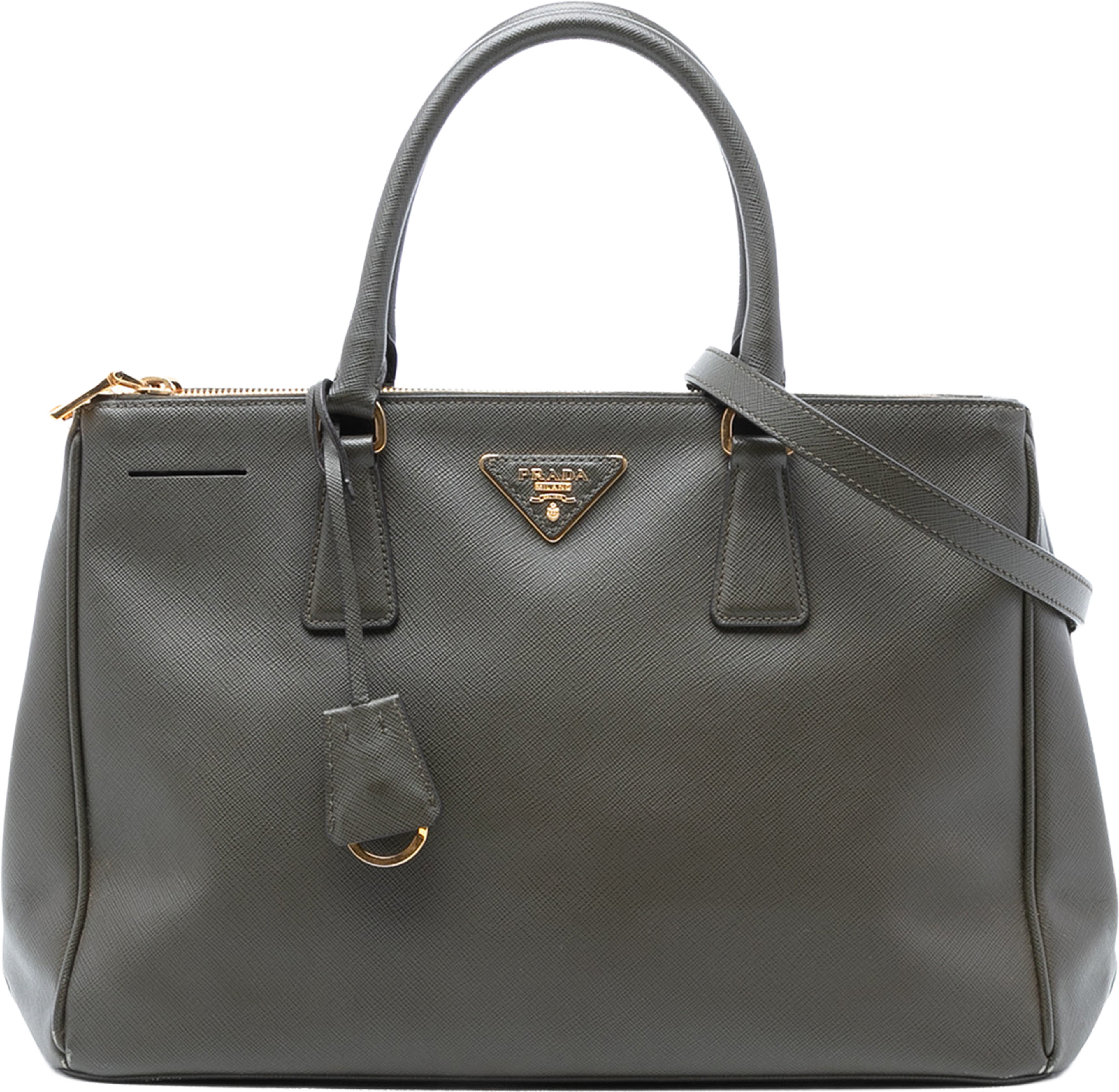 Prada Medium Saffiano Lux Galleria Double Zip Satchel, från Luxclusif, i färgen dark gray. Klicka för att öppna bilden i stort format