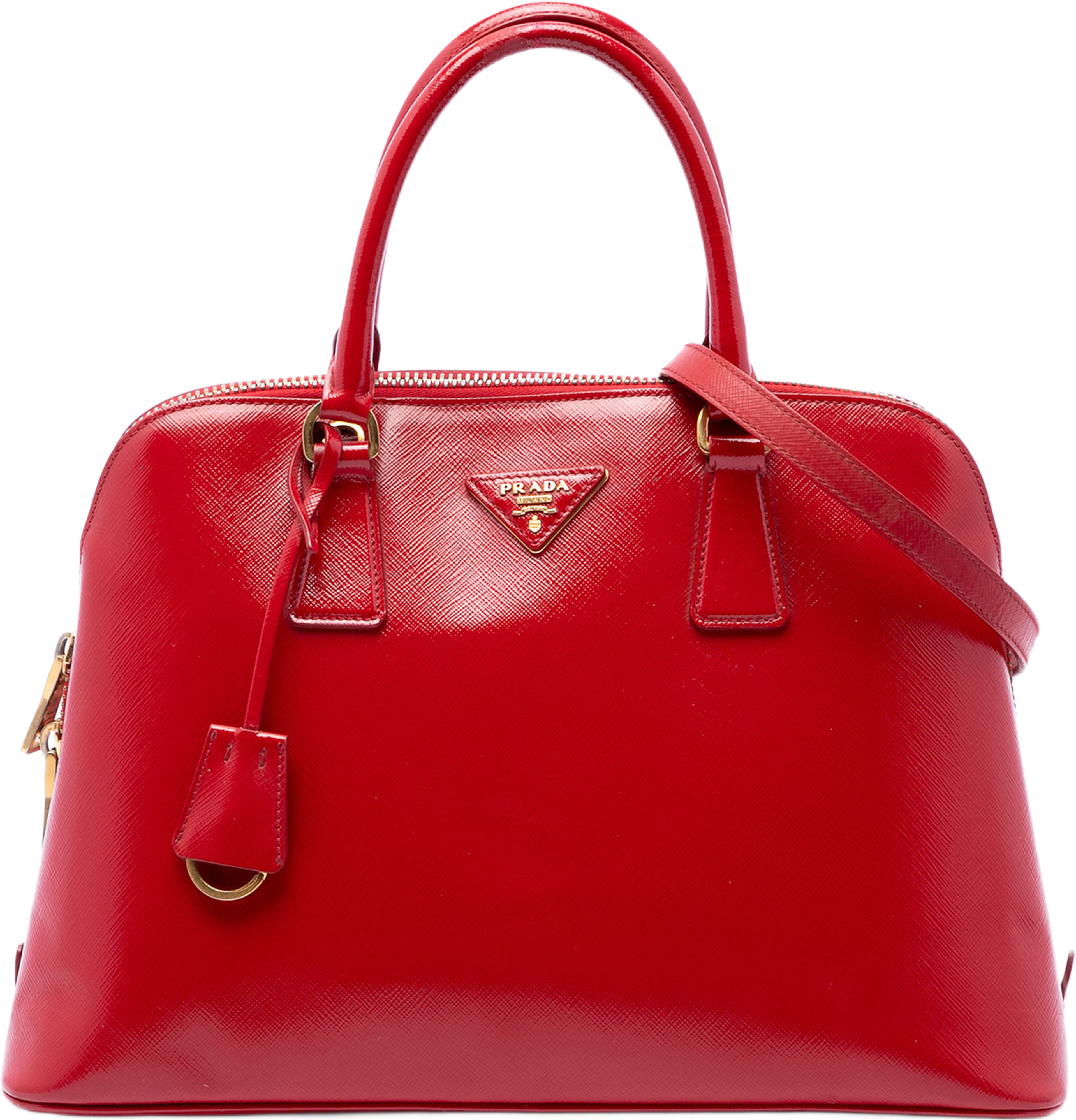 Prada Medium Saffiano Vernice Promenade Satchel, från Luxclusif, i färgen röd. Klicka för att öppna bilden i stort format