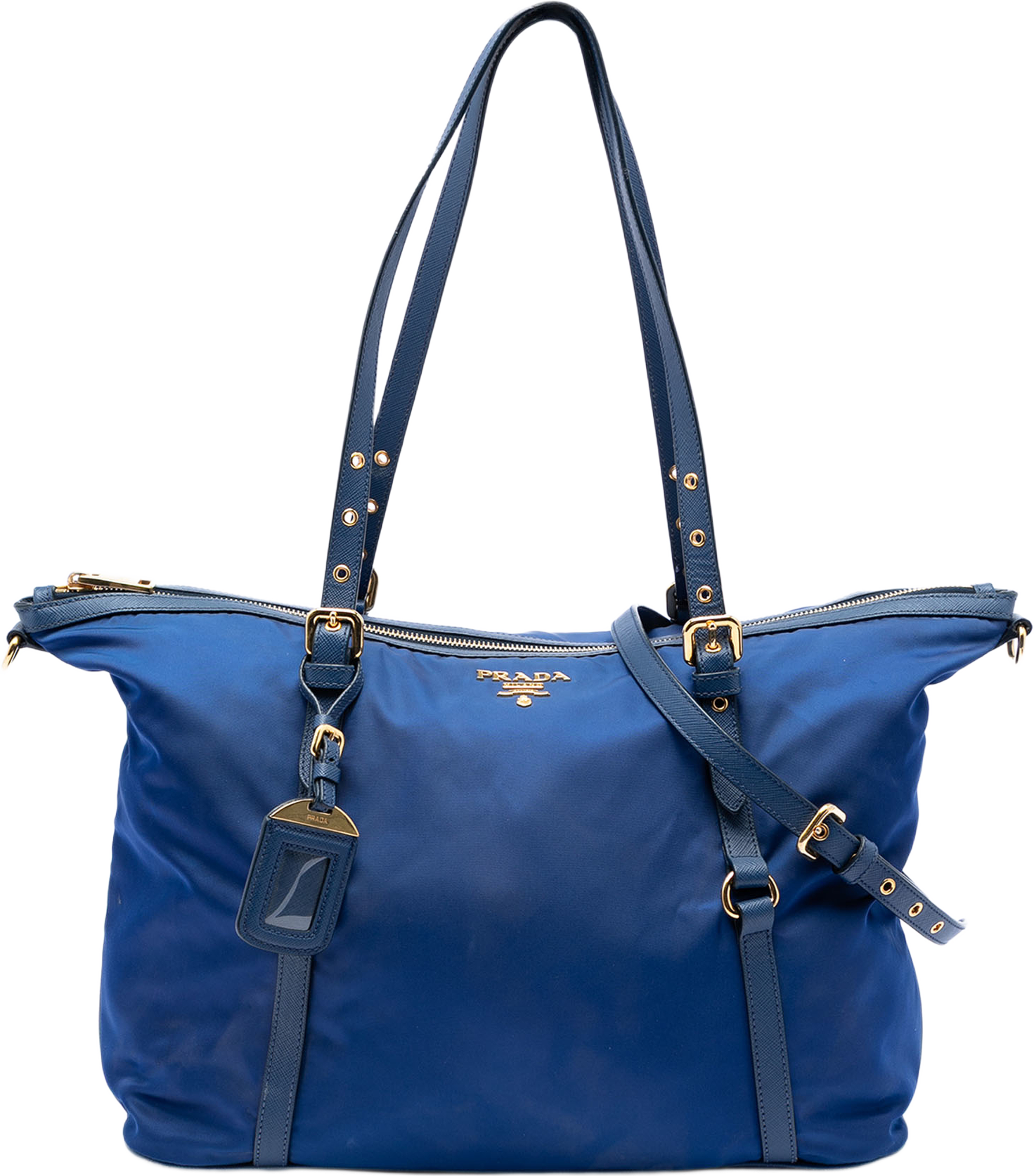 Prada Saffiano Trimmed Tessuto Satchel, från Luxclusif, i färgen blue. Klicka för att öppna bilden i stort format