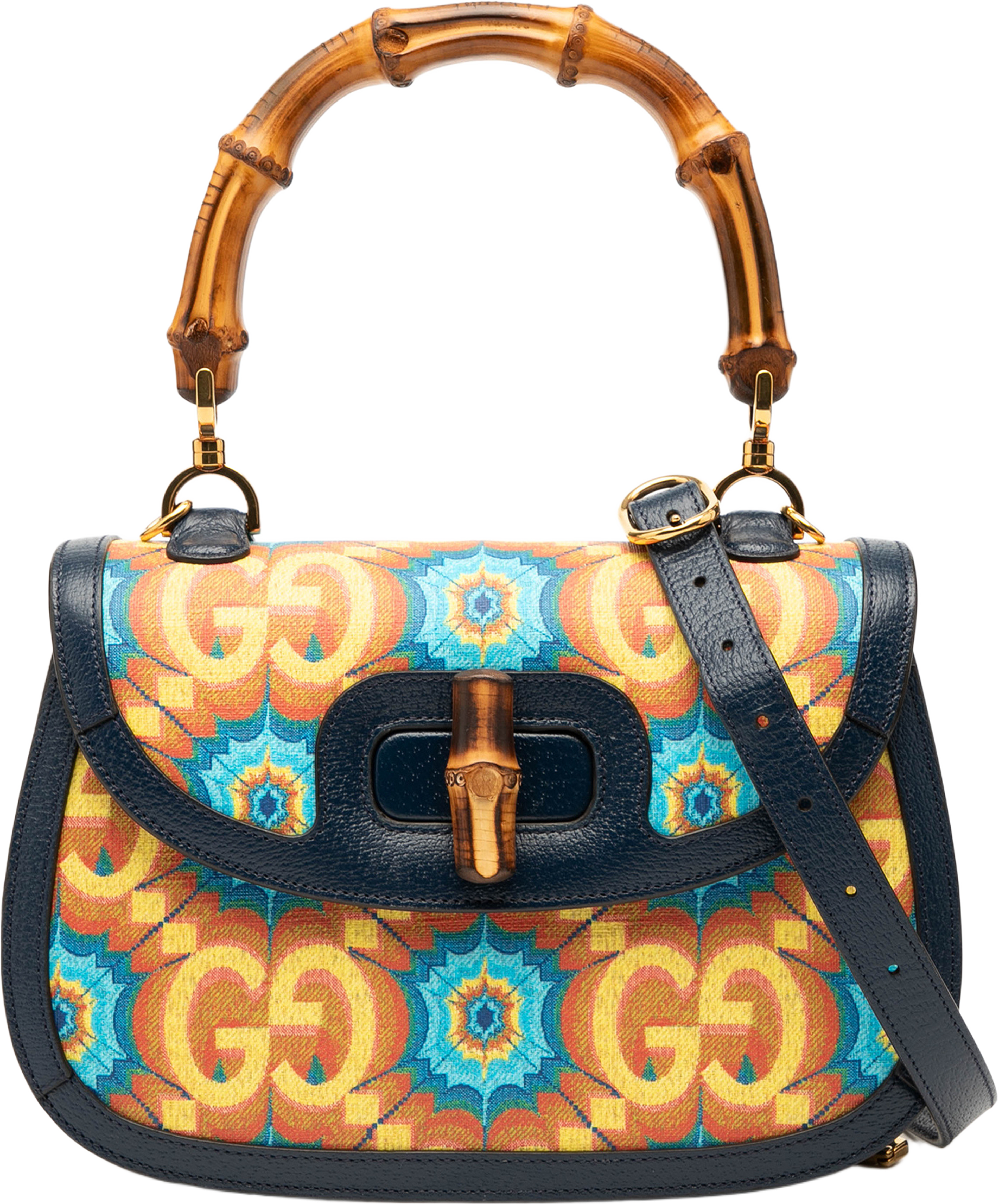 Gucci 100th Anniversary Medium Gg Coated Canvas Kaleidoscope 1947 Bamboo Top Handle Bag, från Luxclusif, i färgen blue. Klicka för att öppna bilden i stort format