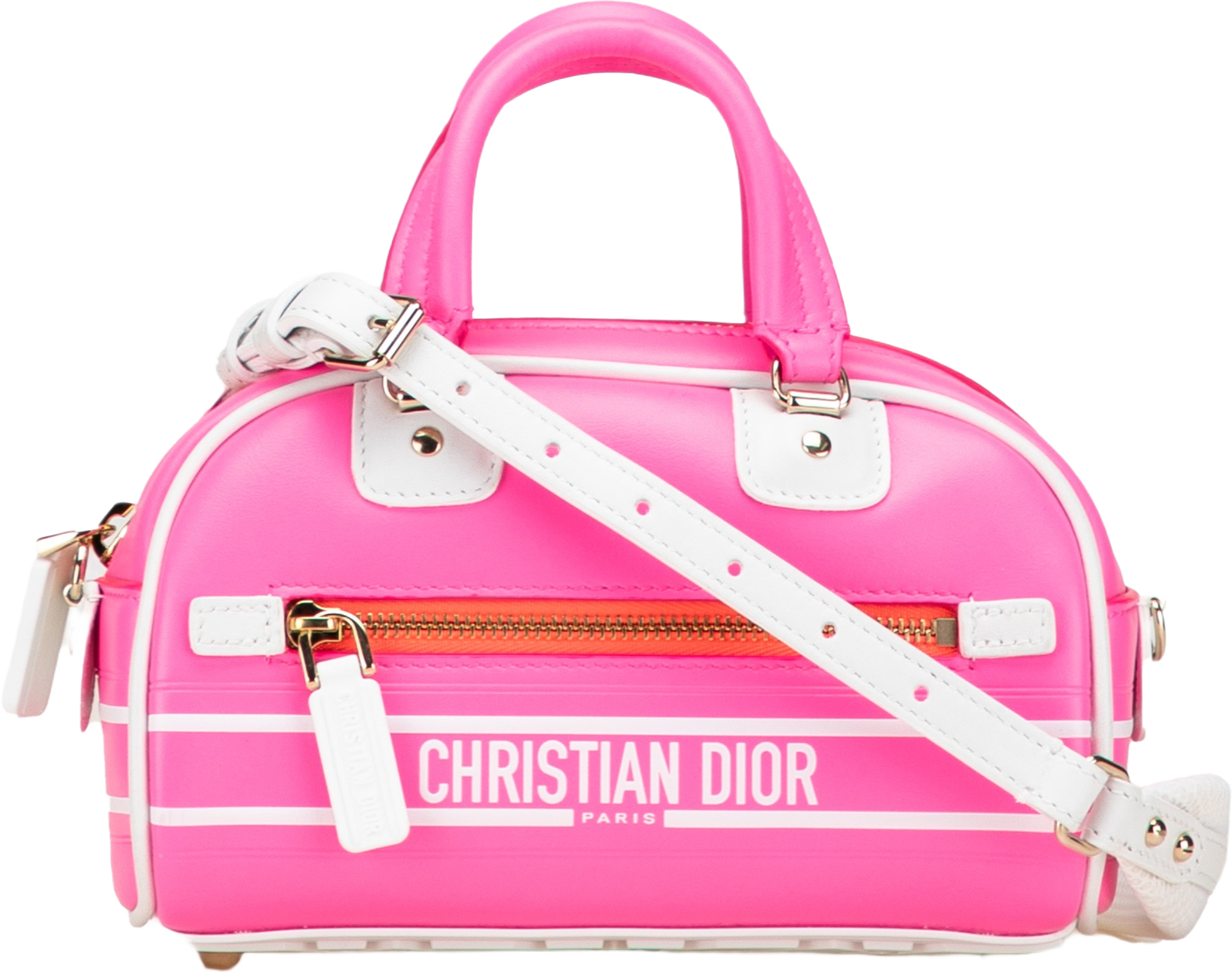 Dior Micro Leather Dior Vibe Zip Bowling Bag, från Luxclusif, i färgen hot pink.