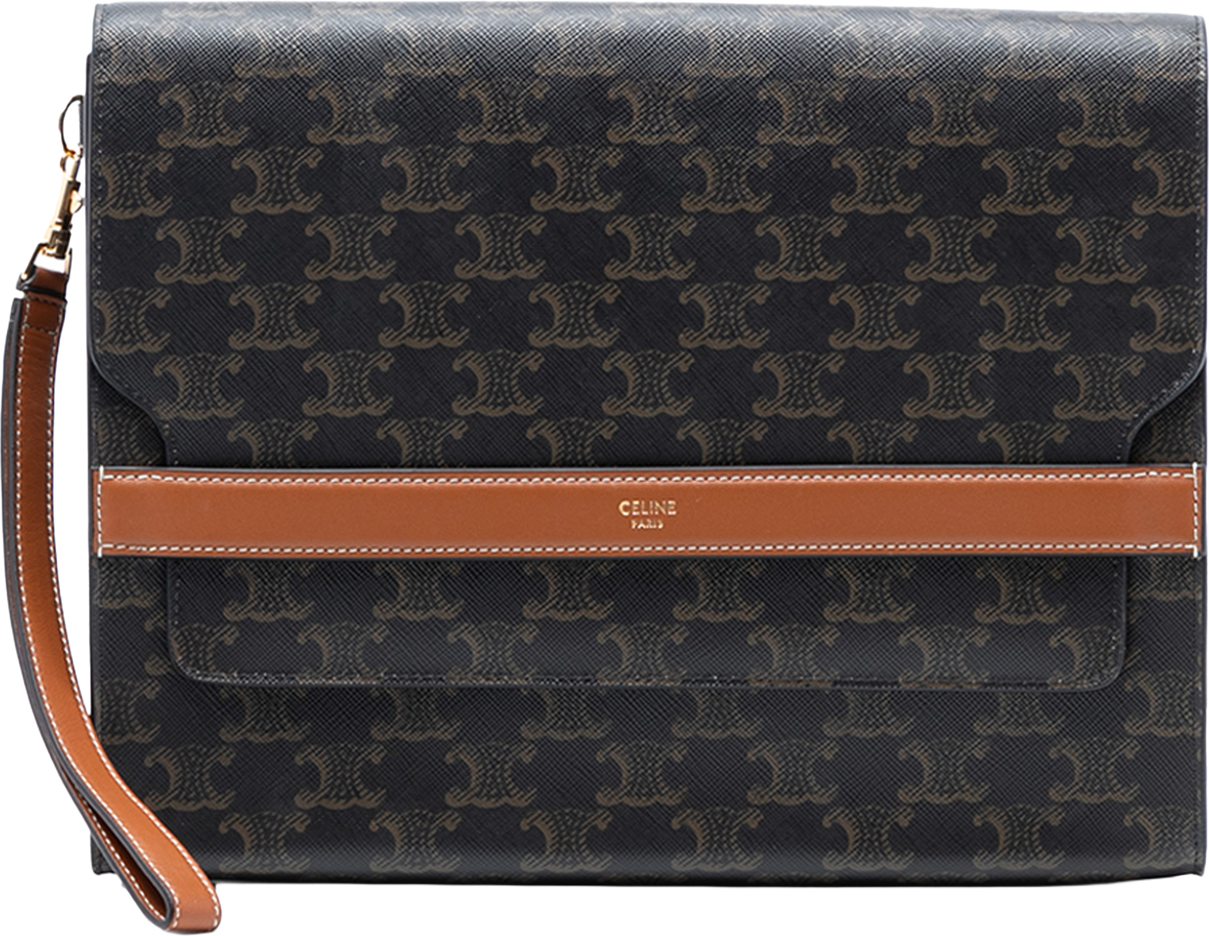 Celine Triomphe Coated Canvas Wristlet Flap Pouch, från Luxclusif, i färgen dark brown. Klicka för att öppna bilden i stort format